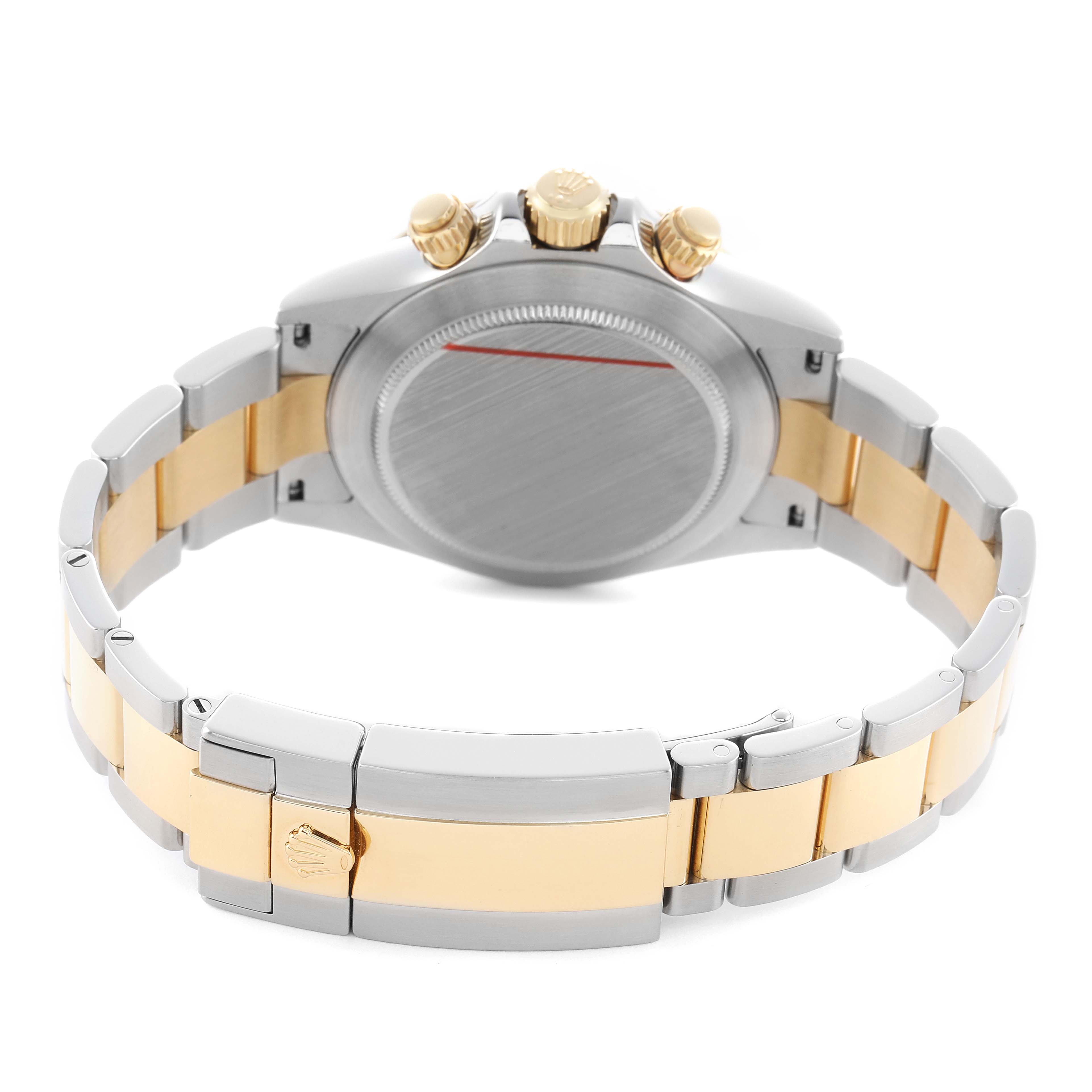 The image shows the back of a Rolex Daytona 116523 Men's Steel and Gold (two tone) Black Dial, highlighting the case back, crown, pushers, and two-tone bracelet.