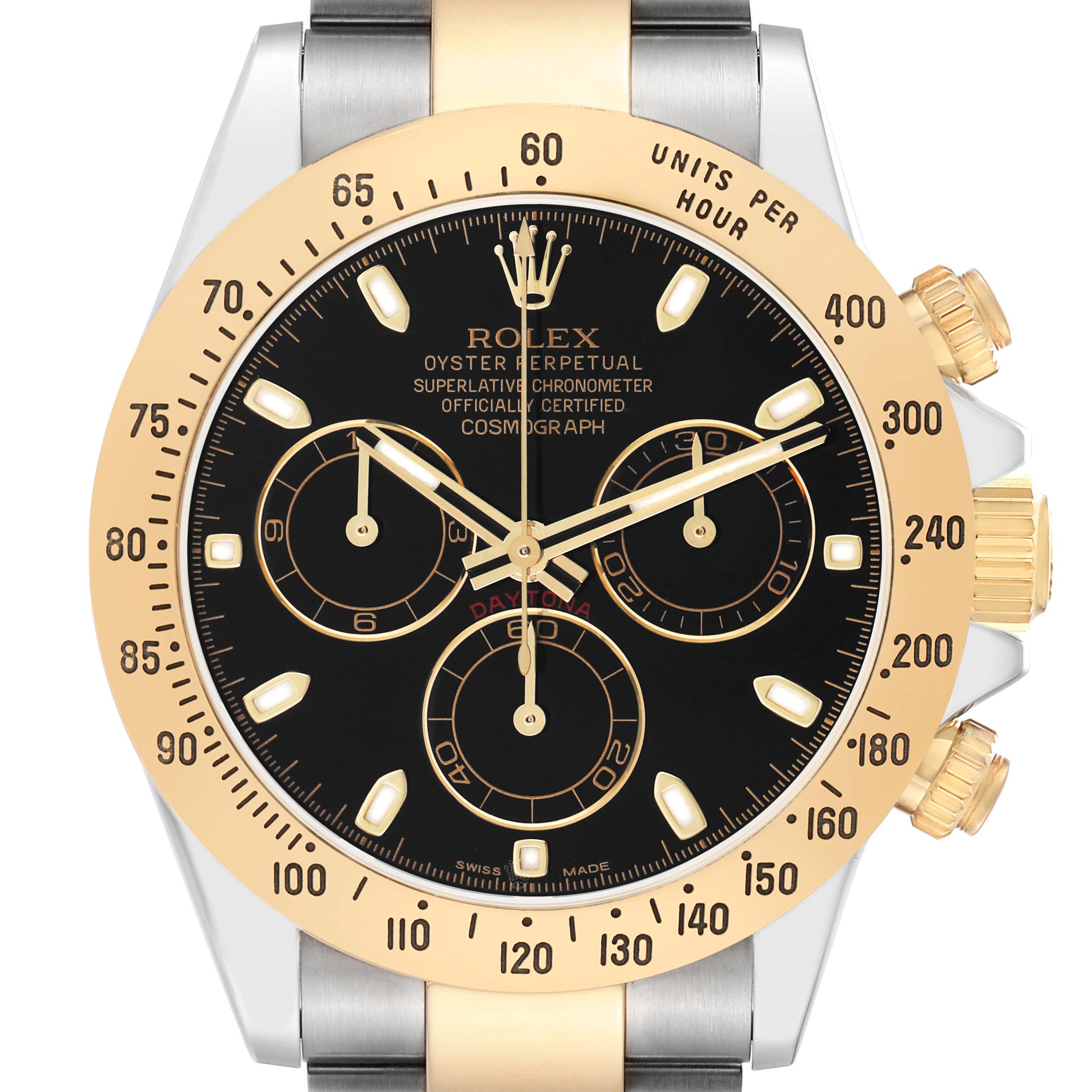 The Rolex Daytona 116523 Men's Steel and Gold (two tone) Black Dial watch is shown from the front, highlighting the bezel, dial, subdials, and push buttons.