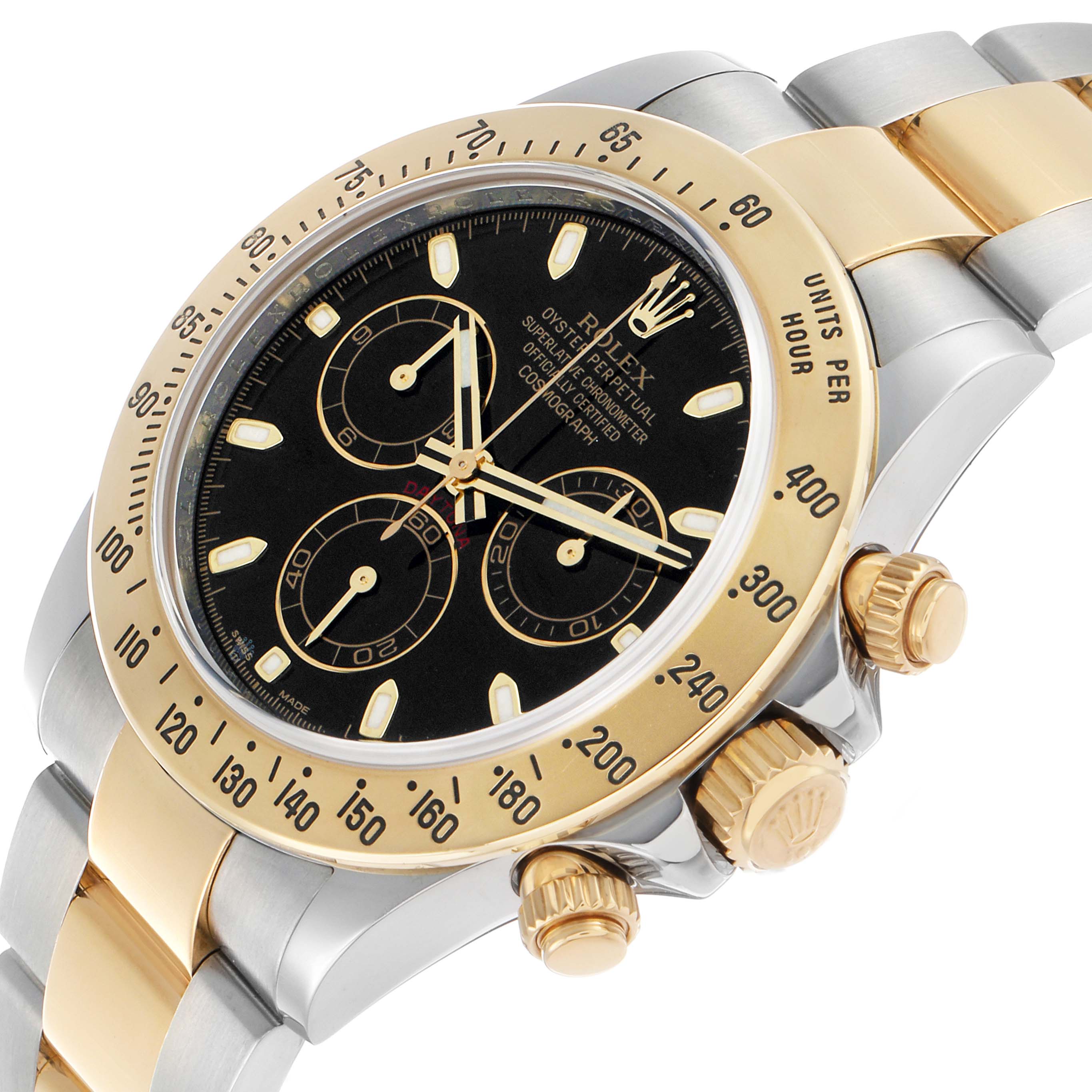 The Rolex Daytona 116523 Men's Steel and Gold (two tone) Black Dial watch is shown at a slight angle highlighting the bezel, crown, and part of the bracelet.