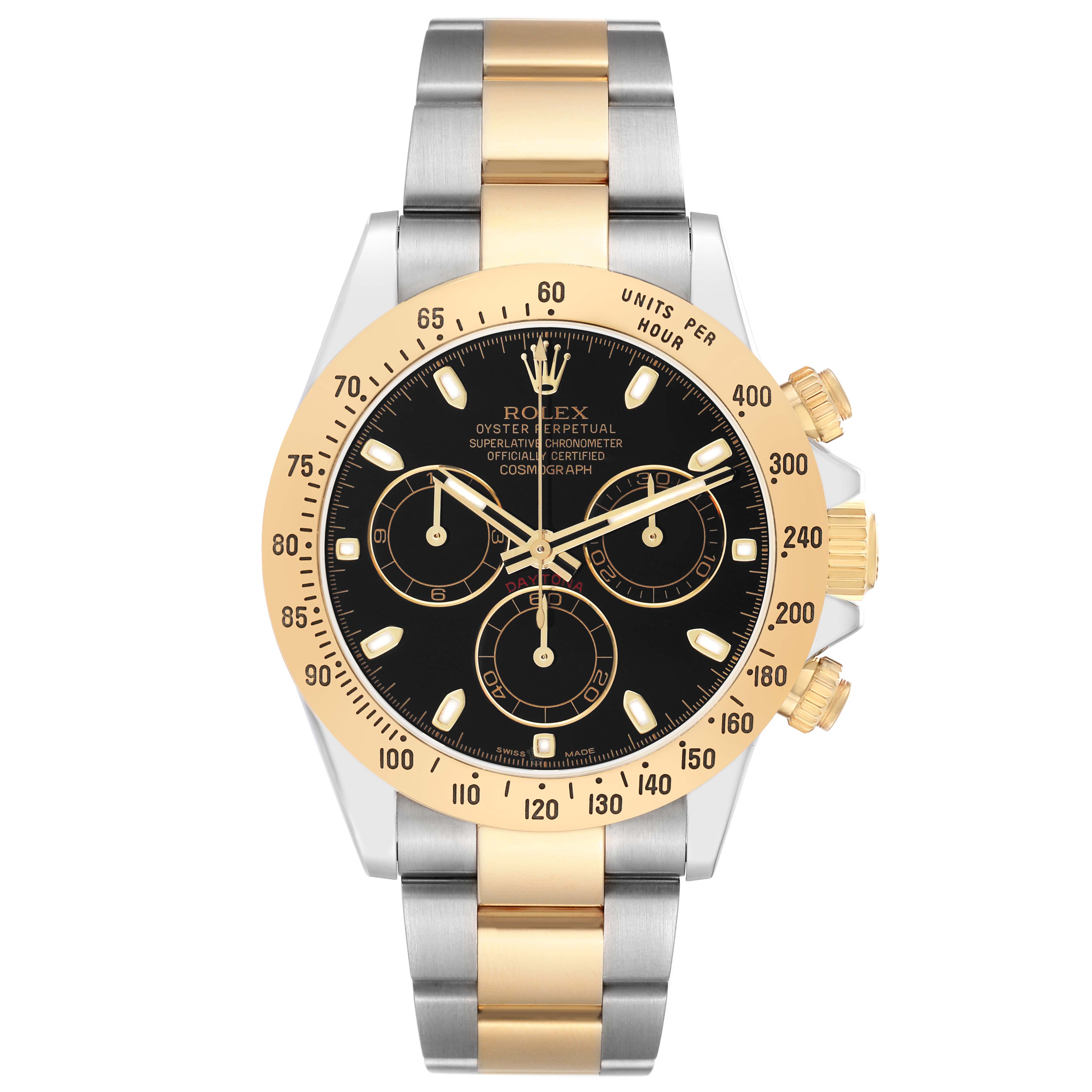 The image shows the Rolex Daytona 116523 Men's Steel and Gold (two tone) Black Dial watch from a frontal angle, highlighting its dial, bezel, and bracelet.