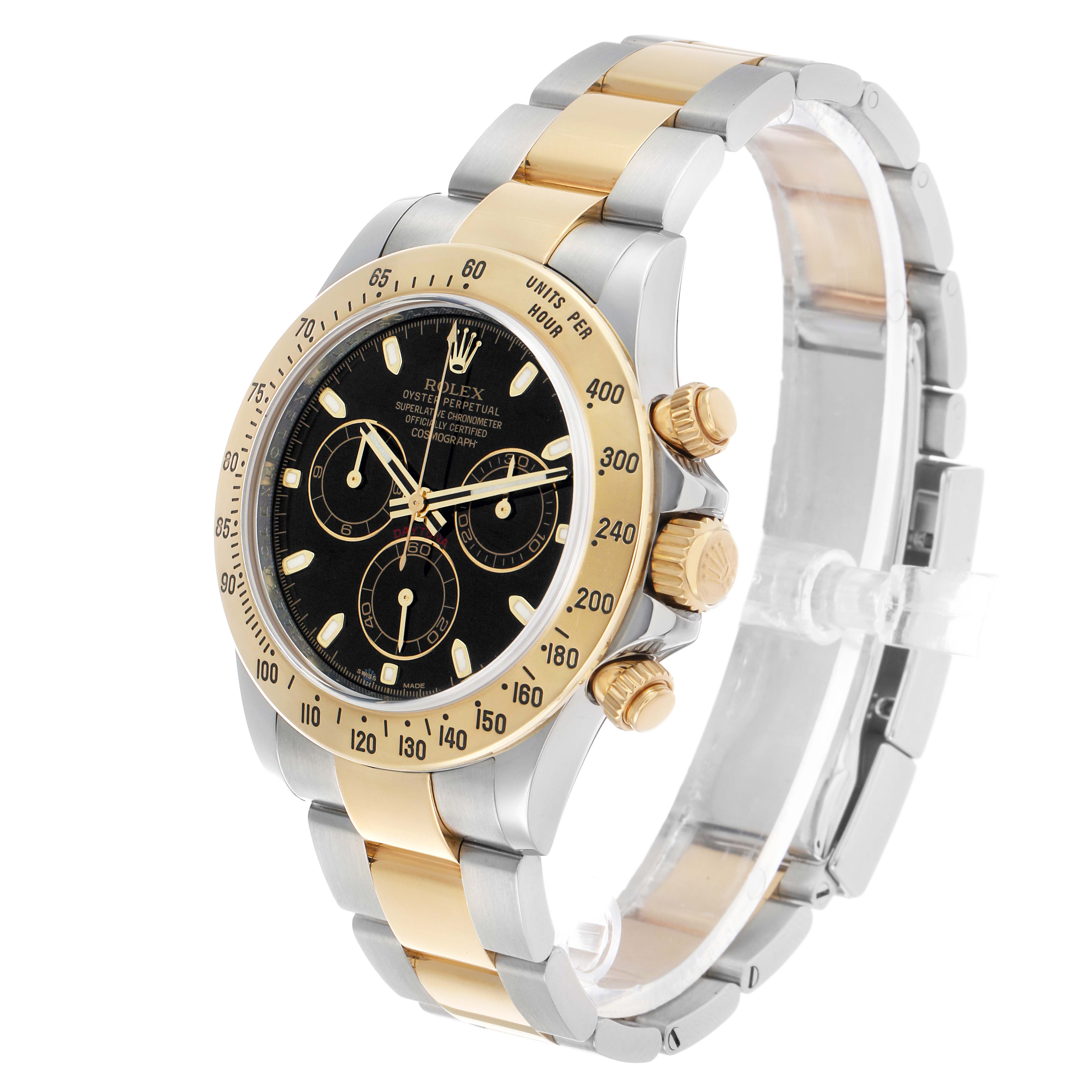 The Rolex Daytona 116523 Men's Steel and Gold (two tone) Black Dial watch is shown at a three-quarter angle, displaying the face, bezel, pushers, and two-tone bracelet.