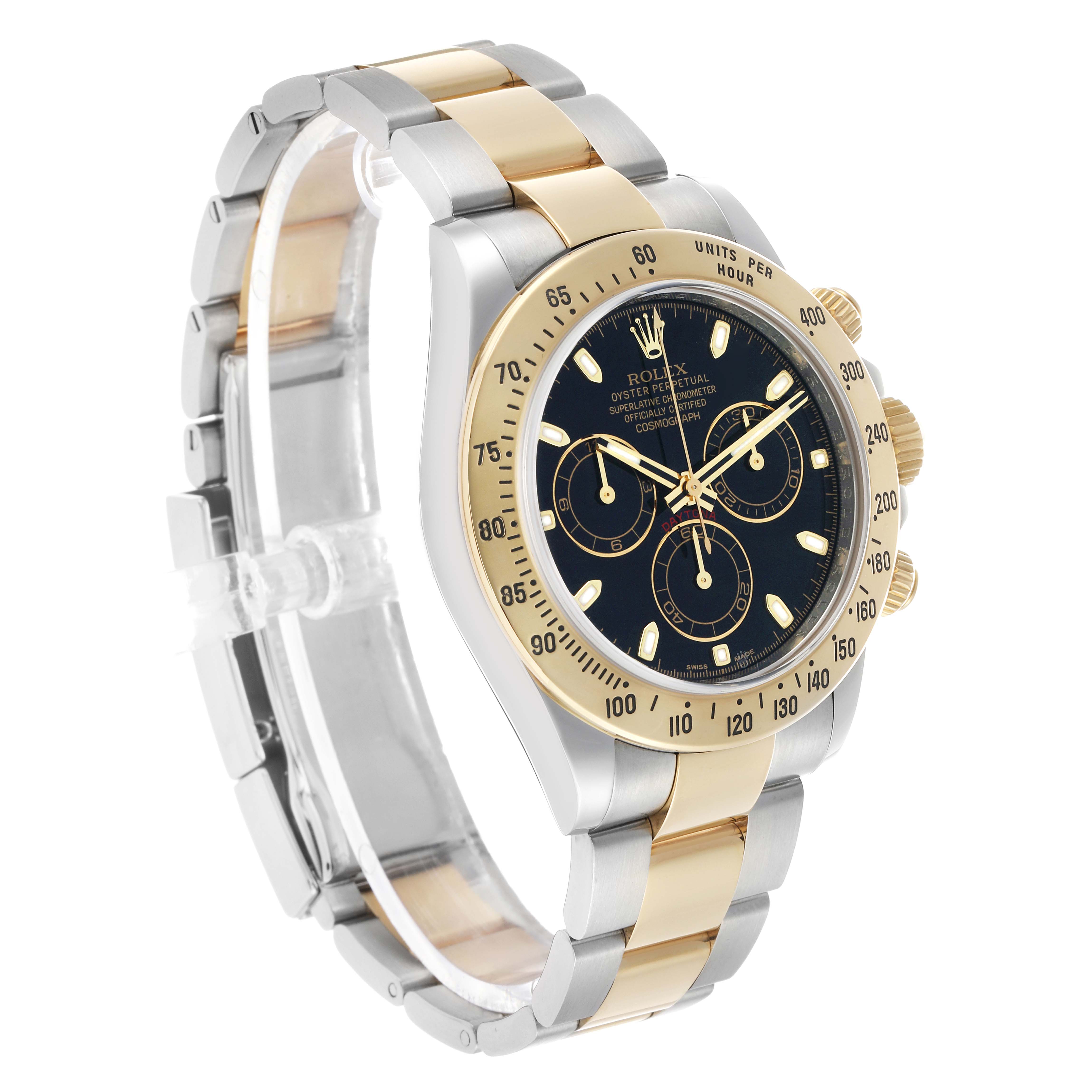 The Rolex Daytona 116523 Men's Steel and Gold (two tone) Black Dial watch is shown at a side angle, highlighting its face, bezel, pushers, and two-tone bracelet.