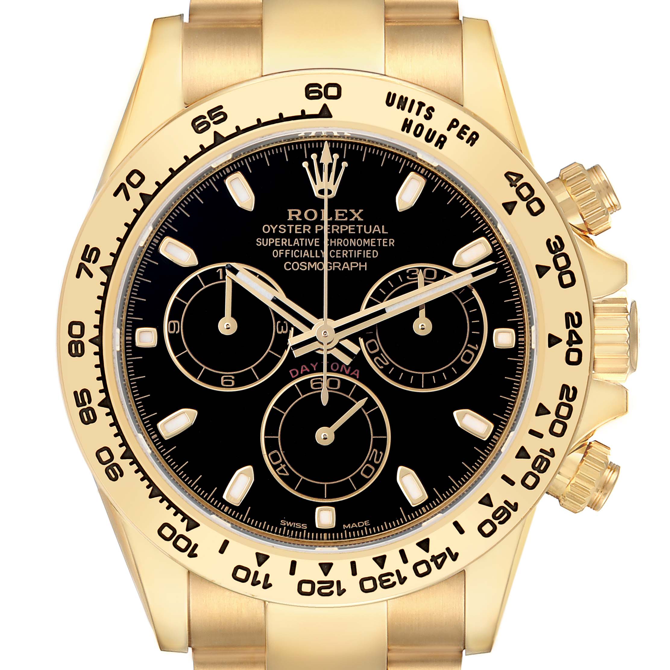 The Rolex Daytona 116508 Men's Yellow Gold Black Dial watch is shown from the front, highlighting the dial, bezel, and two pushers on the right side.