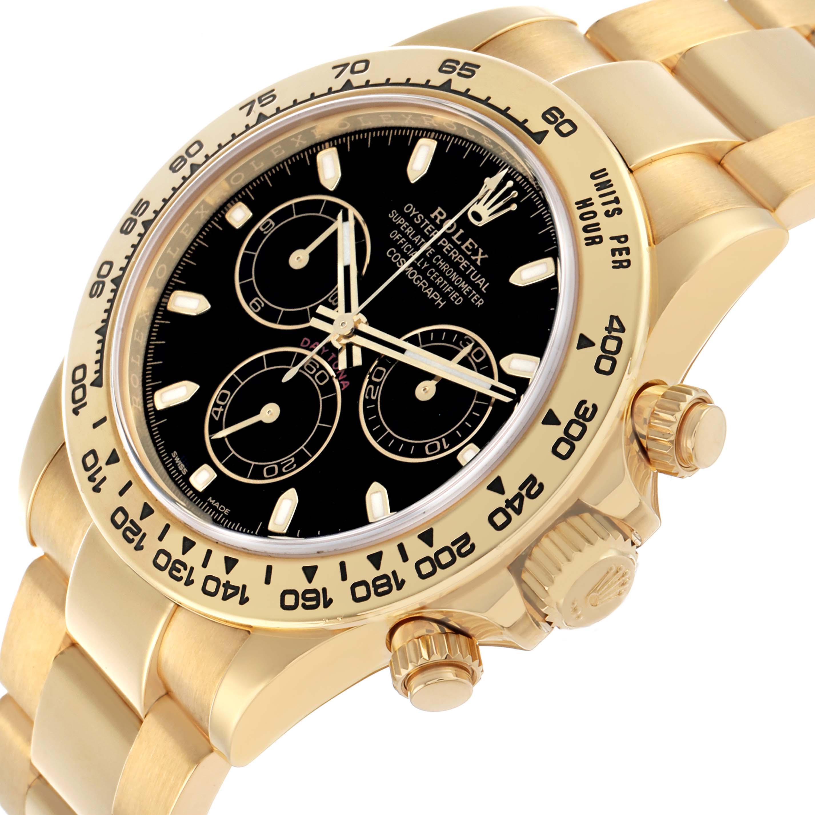 The Rolex Daytona 116508 Men's Yellow Gold Black Dial watch is shown at an angled view highlighting its gold bezel, black dial, and side pushers.