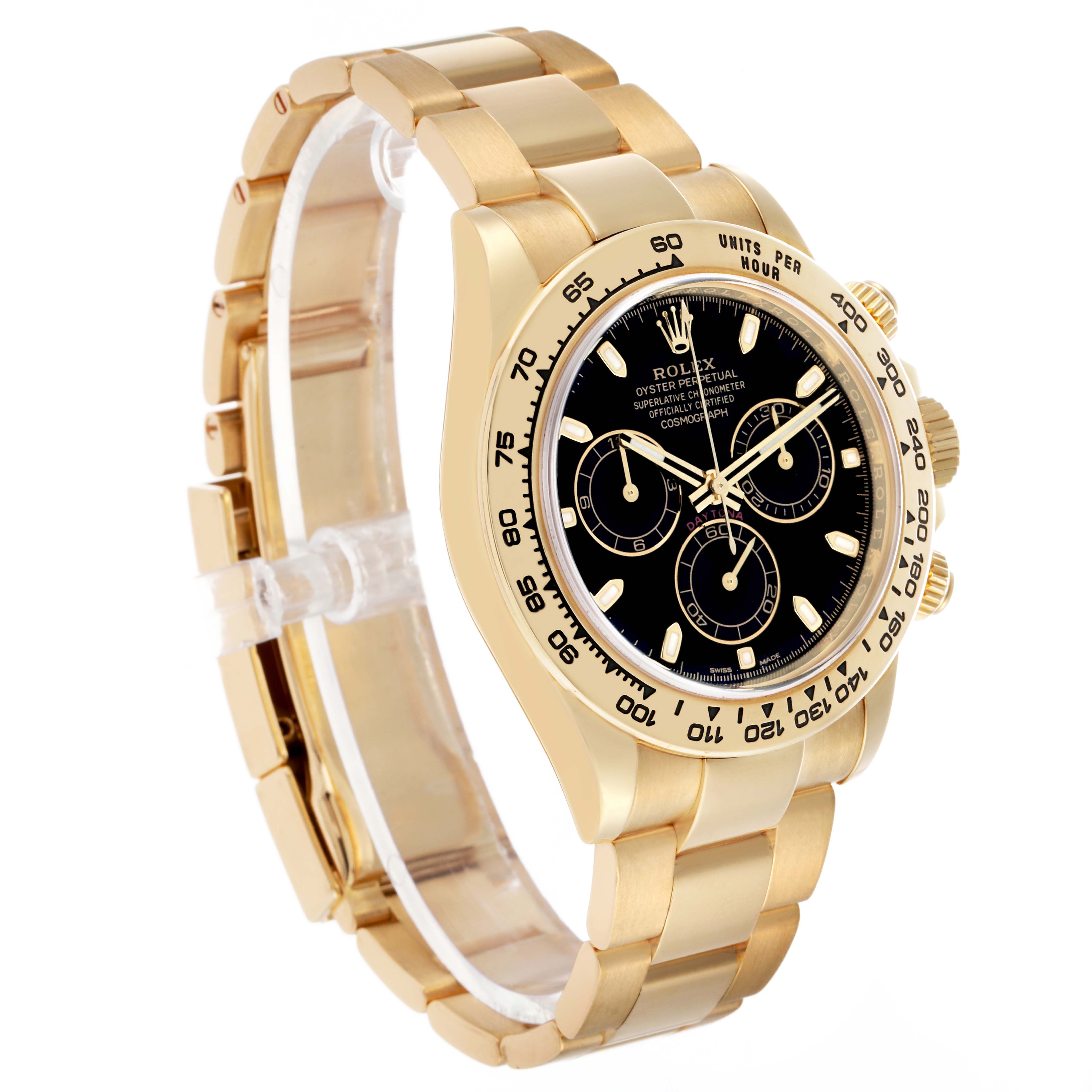 The Rolex Daytona 116508 Men's Yellow Gold Black Dial watch is shown at an oblique angle, displaying its dial, bezel, case, and bracelet.
