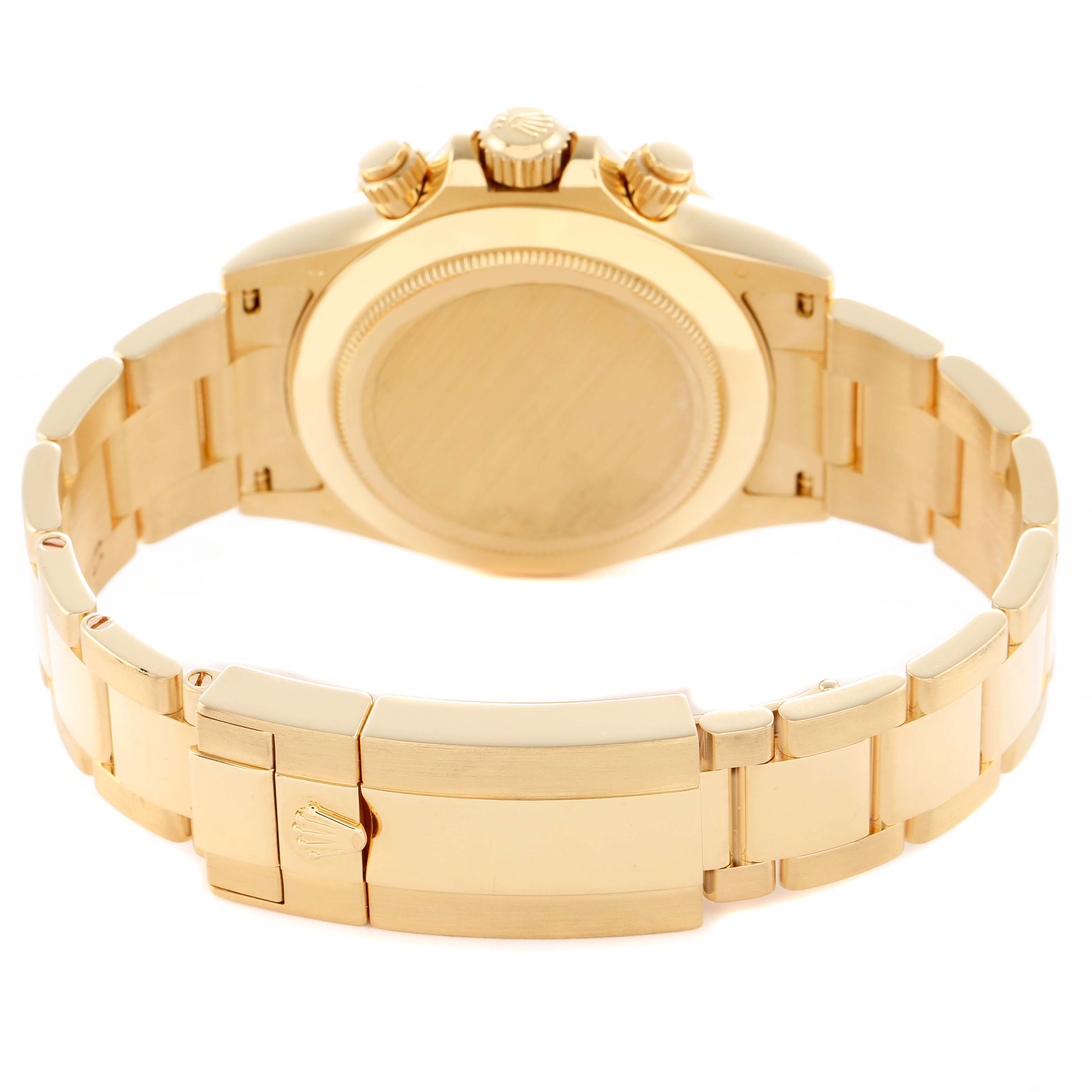 The Rolex Daytona 116508 Men's Yellow Gold Black Dial is shown from the back, highlighting the case back, bracelet, and clasp.