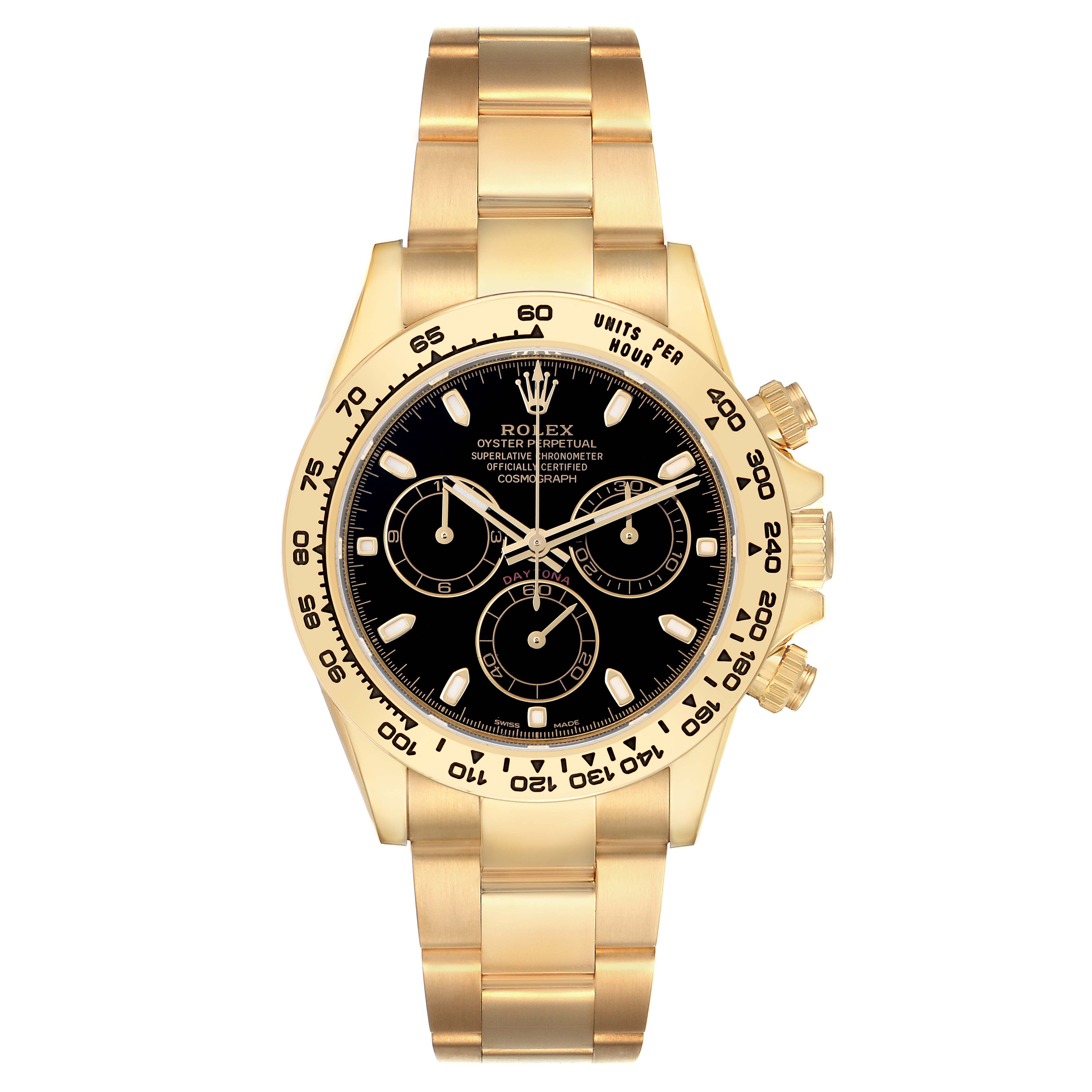 The Rolex Daytona 116508 Men's Yellow Gold Black Dial is shown from a top-down angle, highlighting its gold bracelet, black dial, and three subdials.