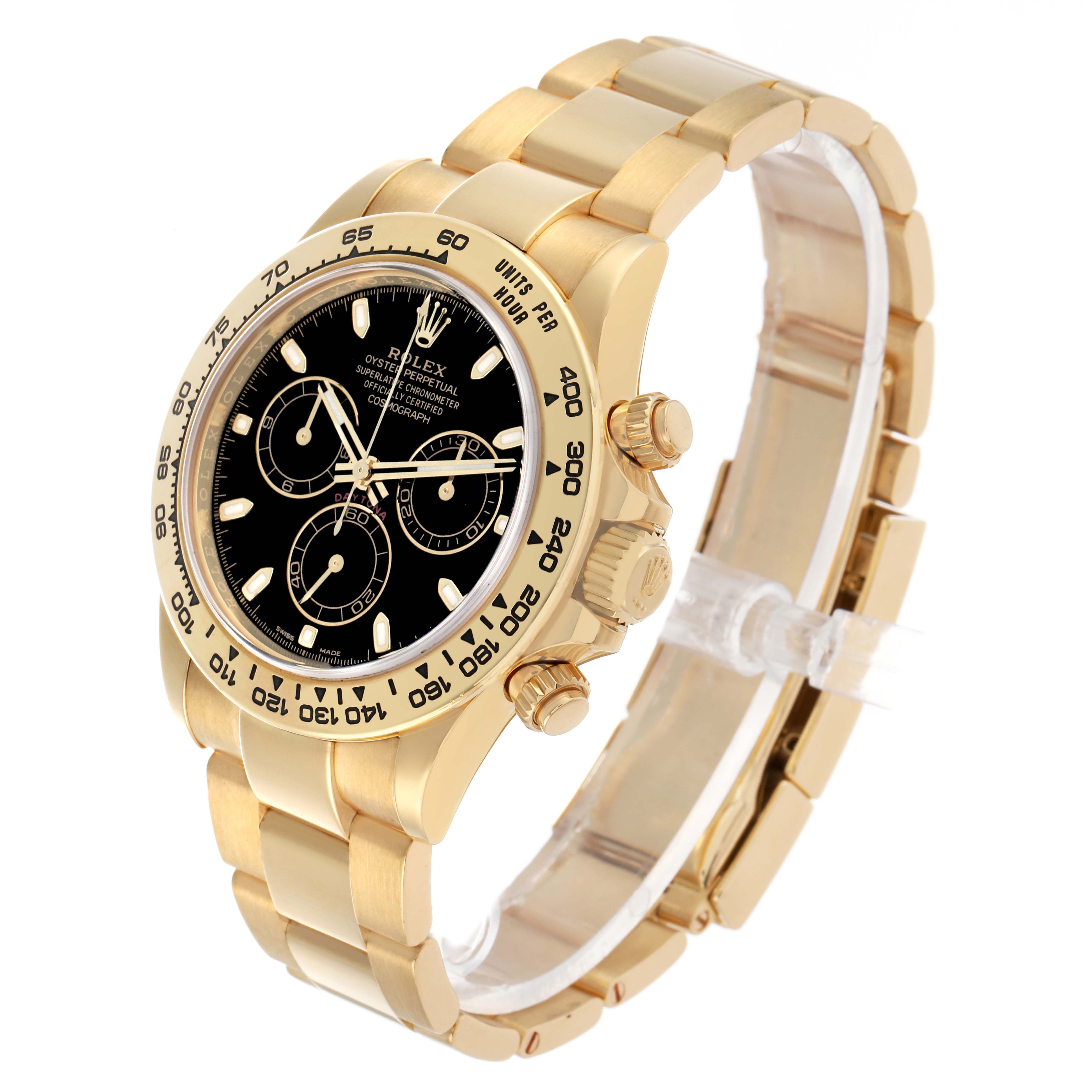 The Rolex Daytona 116508 Men's Yellow Gold Black Dial watch is shown at a three-quarter angle highlighting the gold case, bezel, black dial, and bracelet.