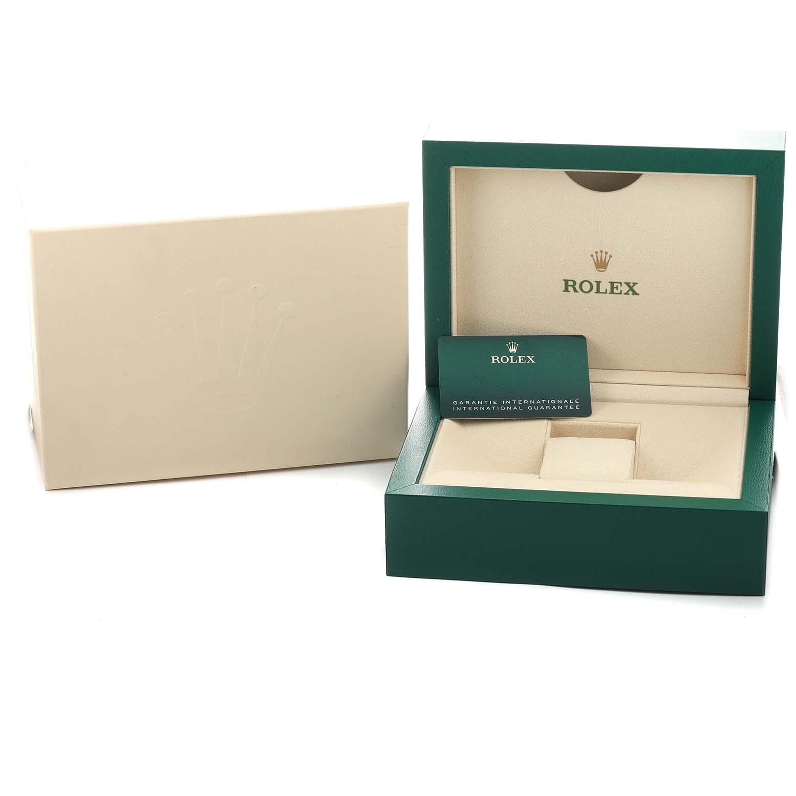 The image shows an open Rolex Daytona 116508 Men's Yellow Gold Black Dial watch box and guarantee card from a frontal angle.