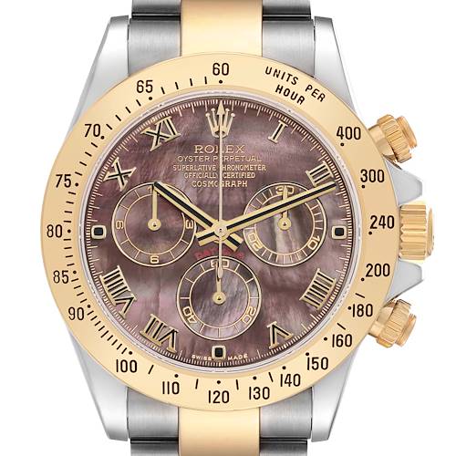 Photo of Rolex Daytona Yellow Gold Steel Mother of Pearl Mens Watch 116523 Box Card