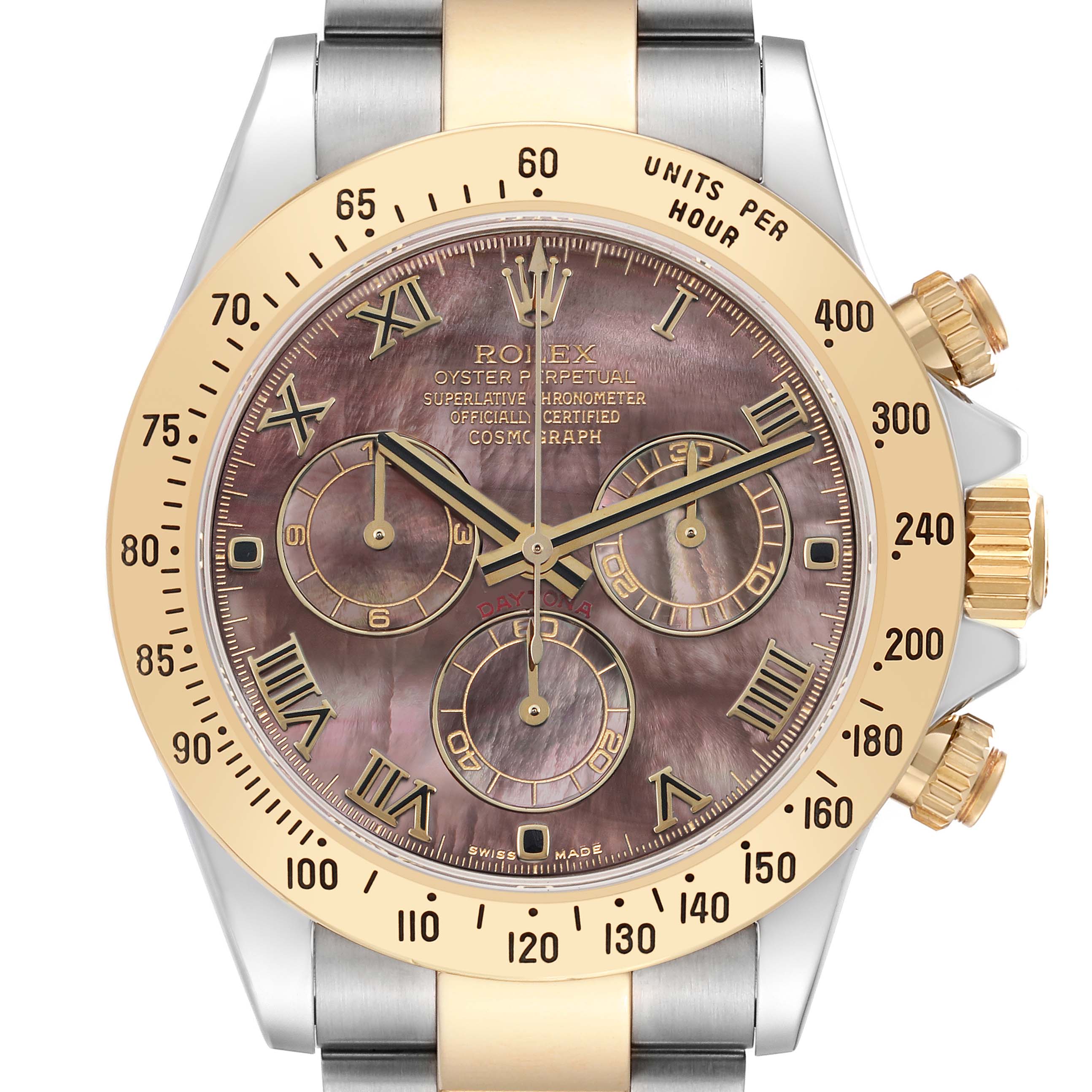 The image shows a frontal view of a Rolex Daytona 116523 Men's Steel and Gold (two tone) Mother of Pearl Dial watch, highlighting the dial, bezel, and crown.