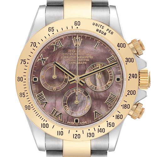 The Rolex Daytona 116523 Men's Steel and Gold (two tone) Mother of Pearl Dial watch is shown from the front, highlighting its gold bezel, sub-dials, and mother-of-pearl face.