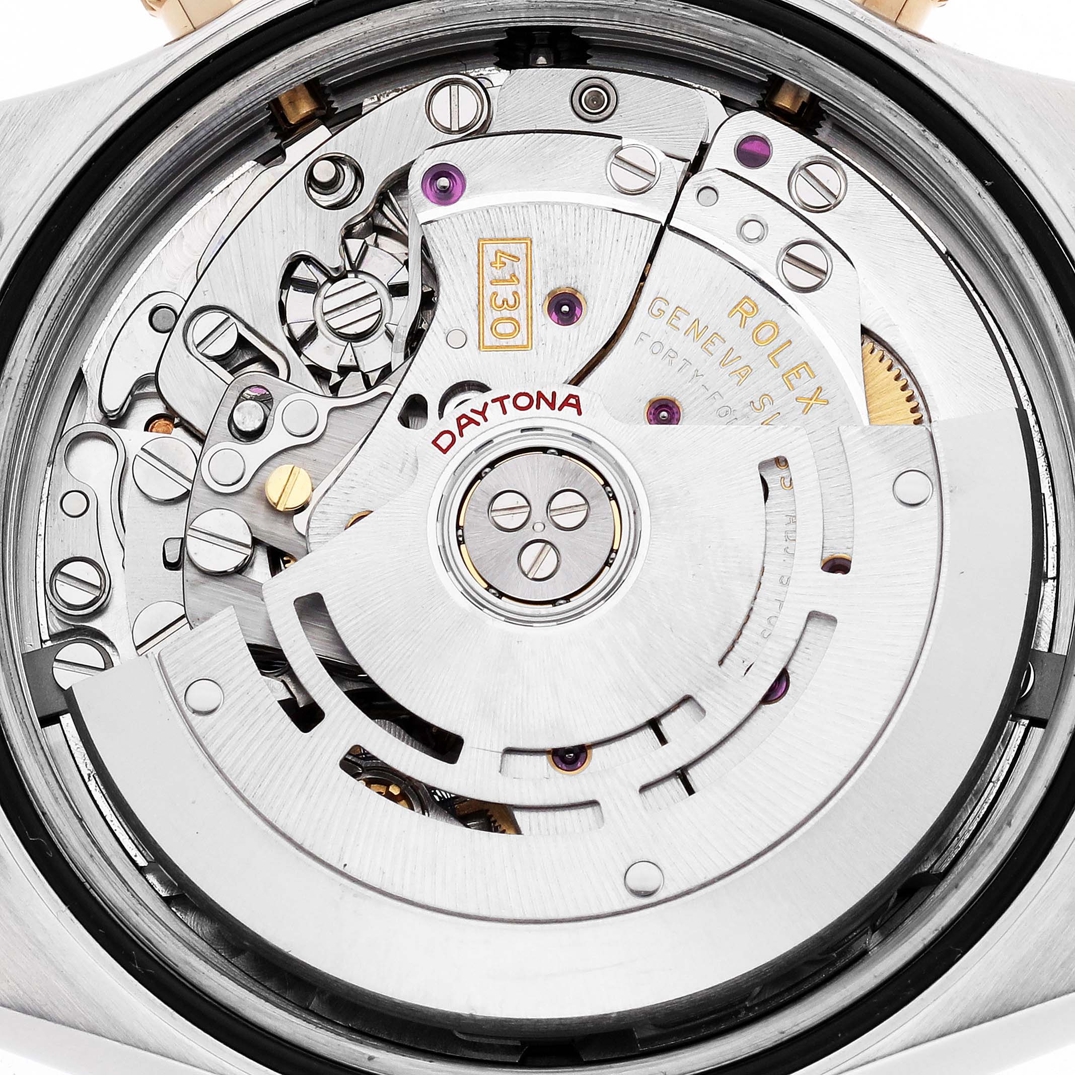 This image shows the movement mechanism of the Rolex Daytona 116523 Men's Steel and Gold (two tone) Mother of Pearl Dial watch from a top-down angle, highlighting the intricate components.