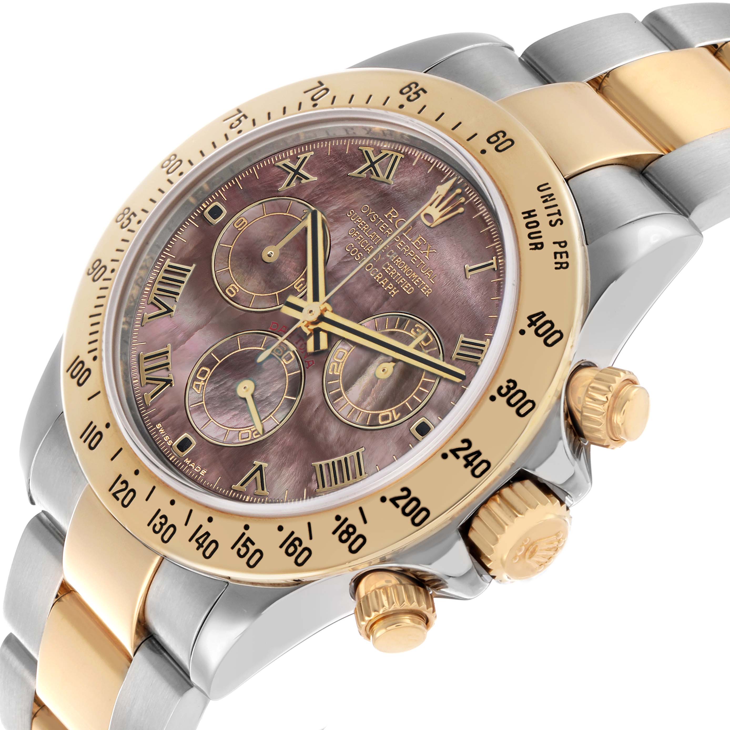 The Rolex Daytona 116523 Men's Steel and Gold (two tone) Mother of Pearl Dial watch is shown at an angle displaying the dial, bezel, crown, and part of the bracelet.