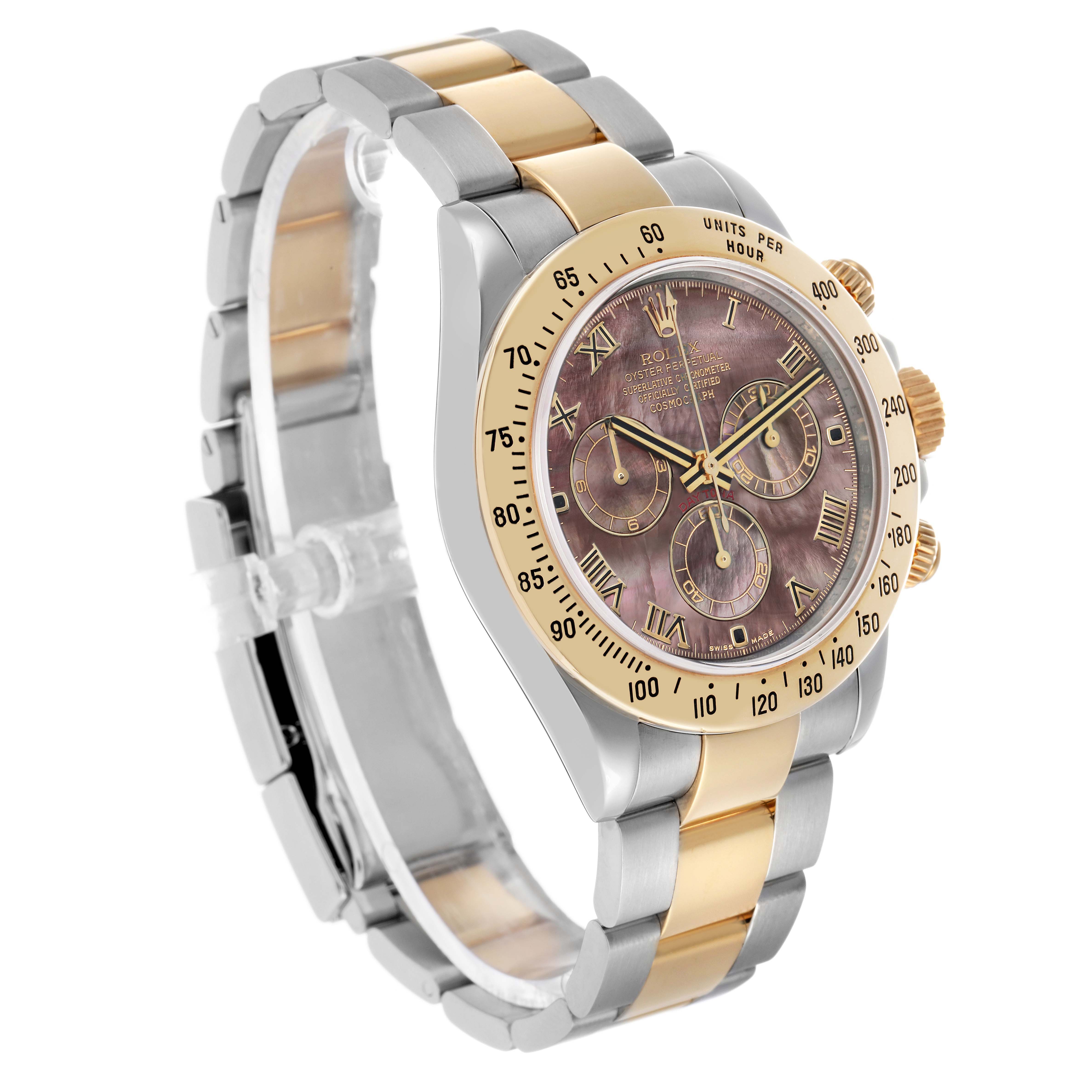 The Rolex Daytona 116523 Men's Steel and Gold (two tone) Mother of Pearl Dial watch is shown at a three-quarter angle highlighting its two-tone bracelet, bezel, and dial with subdials.