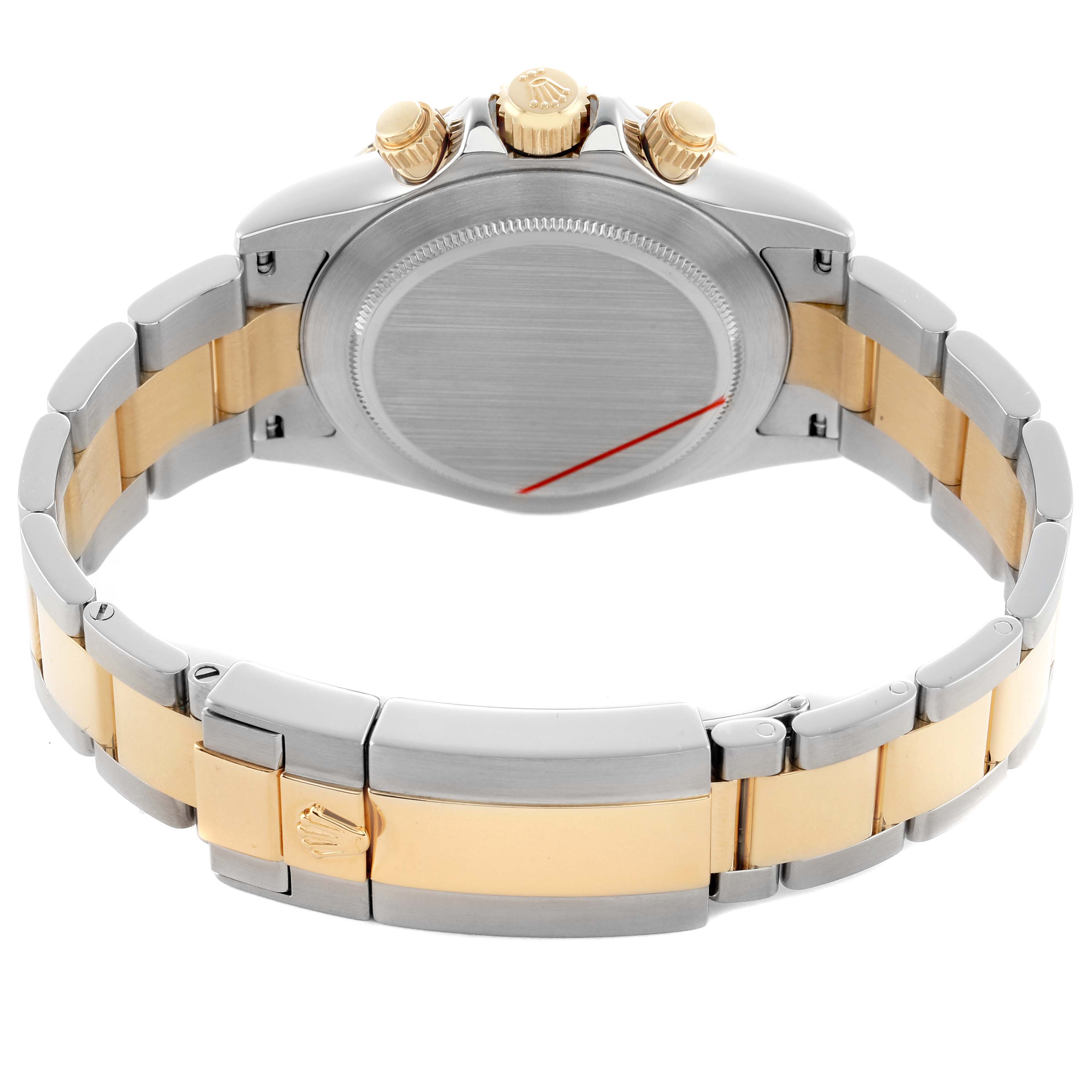 The image shows the back view of a Rolex Daytona 116523 Men's Steel and Gold (two tone) Mother of Pearl Dial watch, highlighting the case back, crown, pushers, and two-tone bracelet.