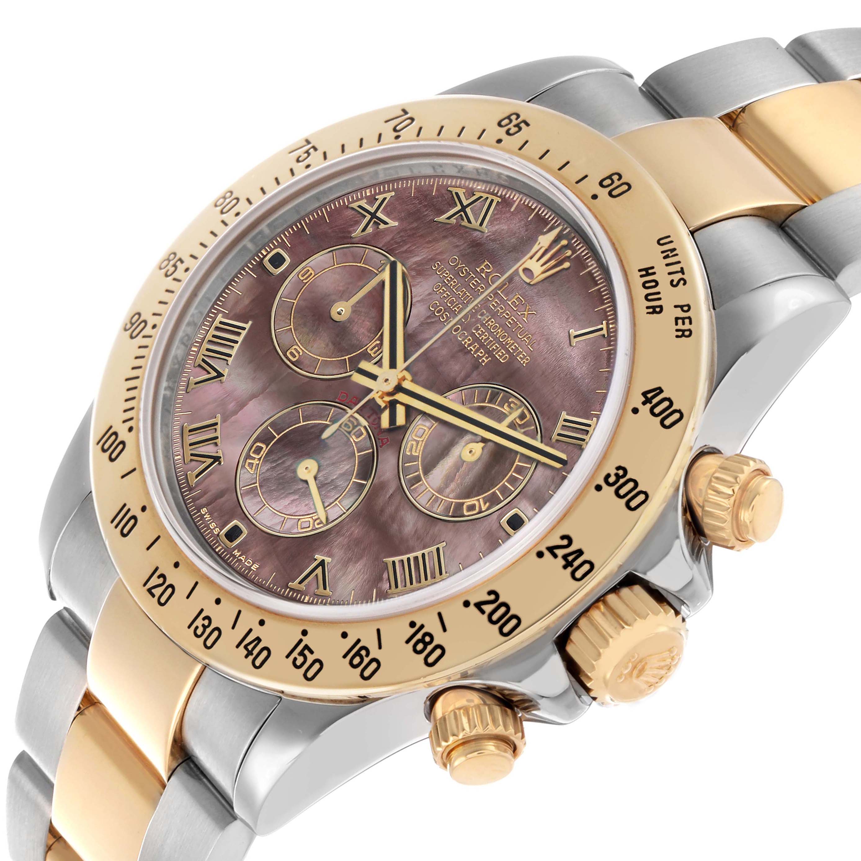 The Rolex Daytona 116523 Men's Steel and Gold (two tone) Mother of Pearl Dial watch is shown at a three-quarter angle, displaying the bezel, crown, and bracelet.