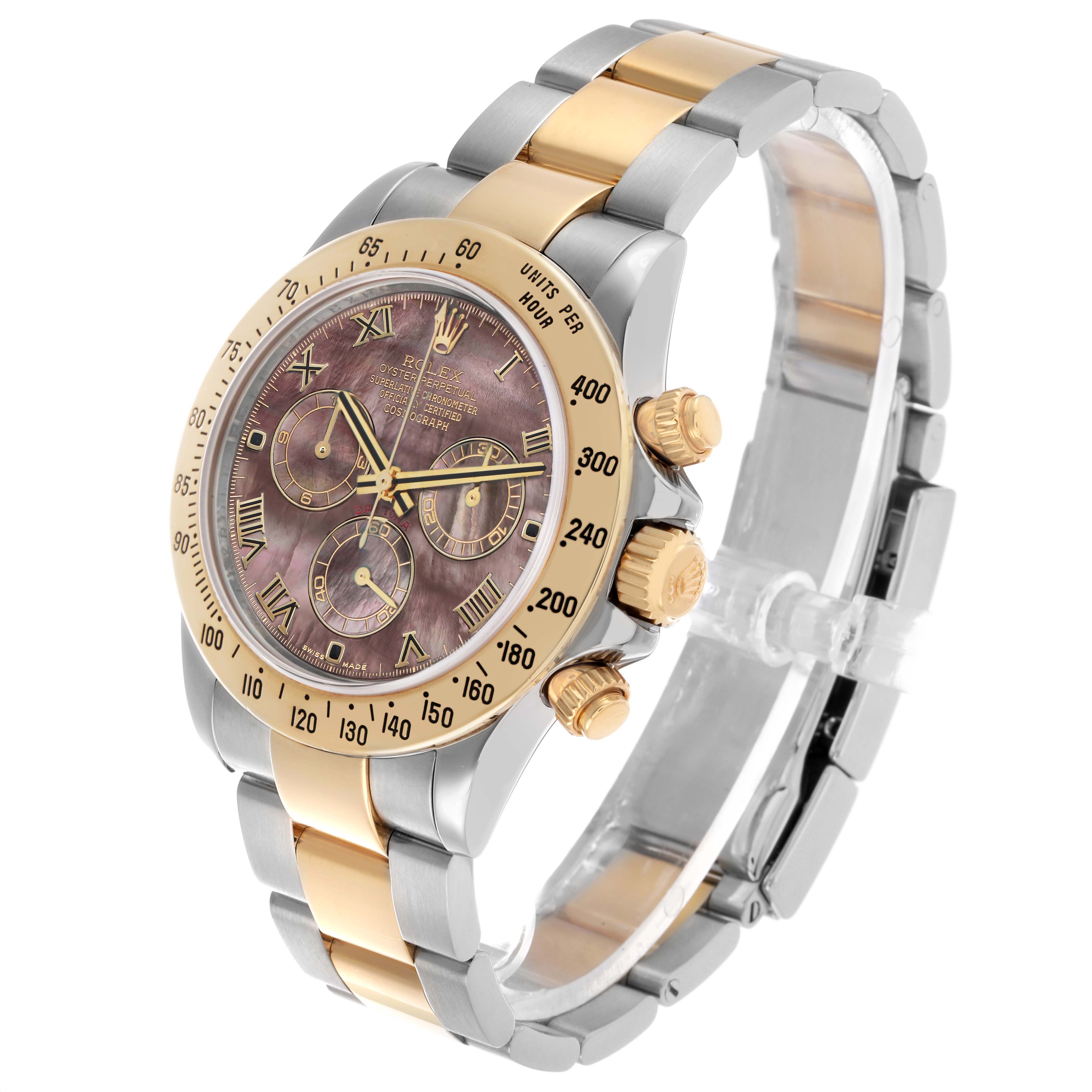 The Rolex Daytona 116523 Men's Steel and Gold (two tone) Mother of Pearl Dial is shown at a three-quarter angle, highlighting the bezel, dial, bracelet, and side pushers.
