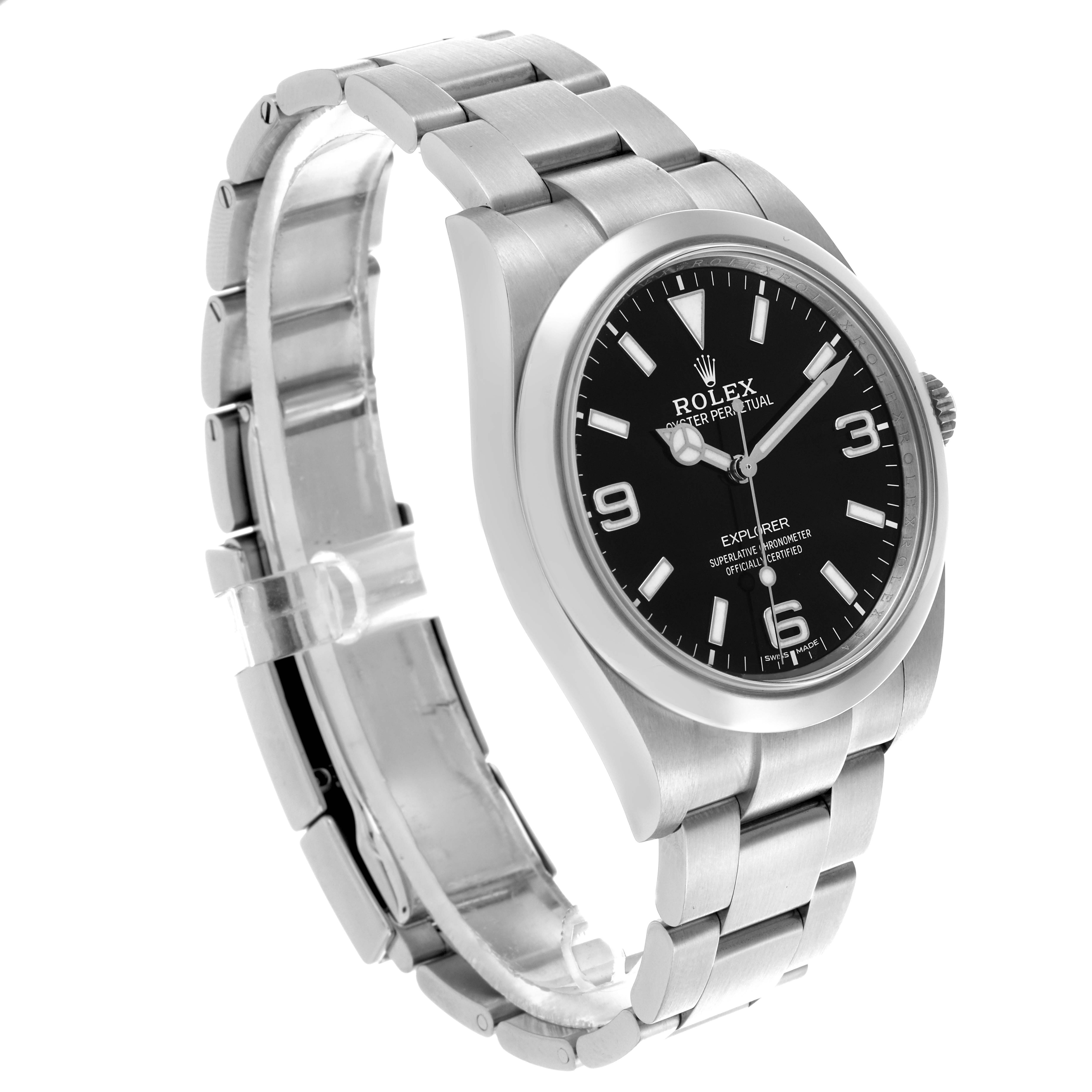 The Rolex Explorer 214270 Men
s Stainless Steel Black Dial 214270 Men
s Stainless Steel Black Dial watch is shown at a three-quarter angle, highlighting the face, bezel, and bracelet links.