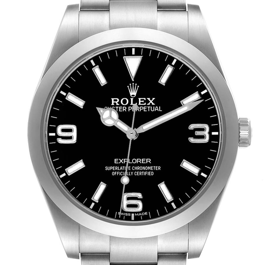 The Rolex Explorer watch is shown from a front angle, highlighting the face, dial, and part of the bracelet.