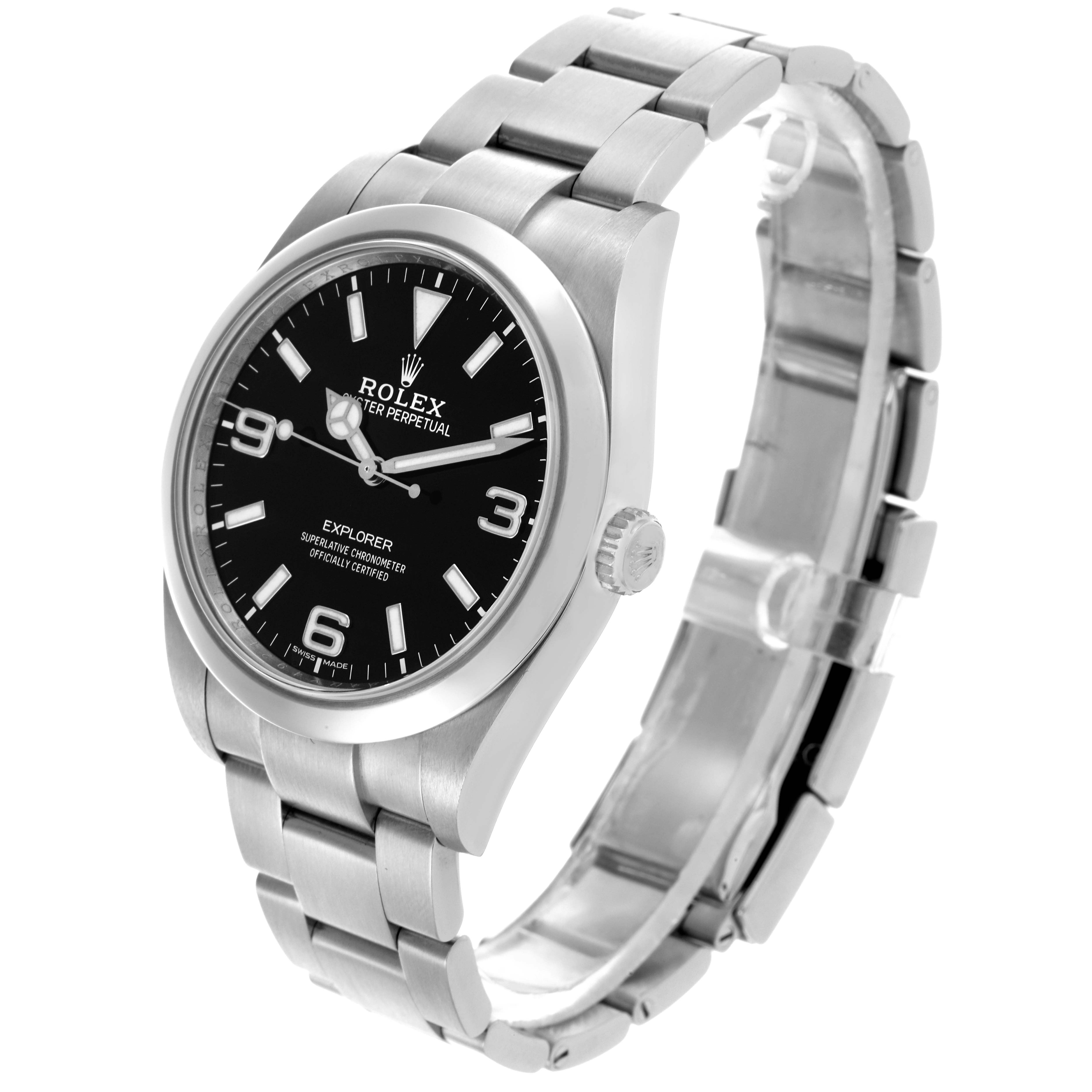 The Rolex Explorer 214270 Men
s Stainless Steel Black Dial 214270 Men
s Stainless Steel Black Dial is shown at a slight angle, displaying the face, bezel, crown, and bracelet.