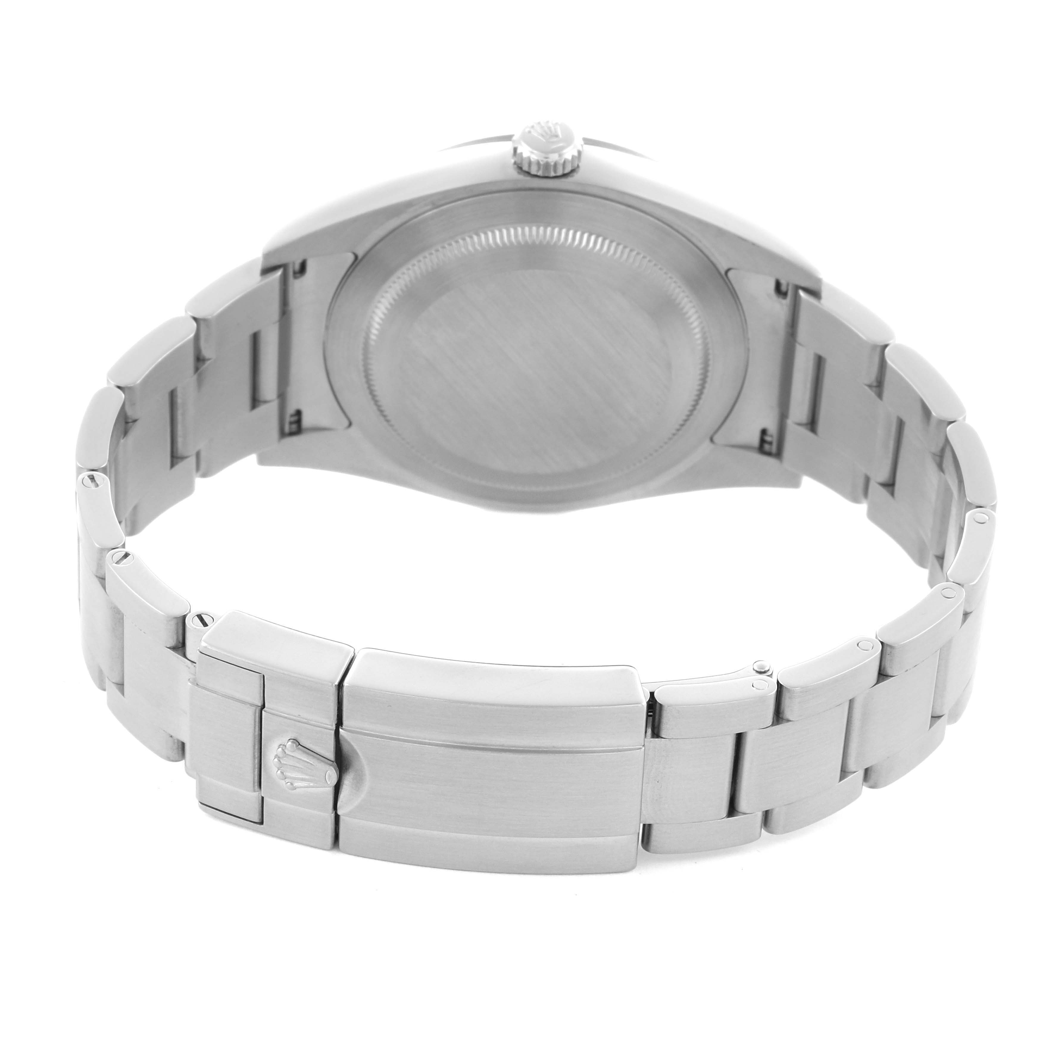 The image shows the back and clasp of the Rolex Explorer 214270 Men
s Stainless Steel Black Dial 214270 Men
s Stainless Steel Black Dial watch, highlighting its stainless steel bracelet.