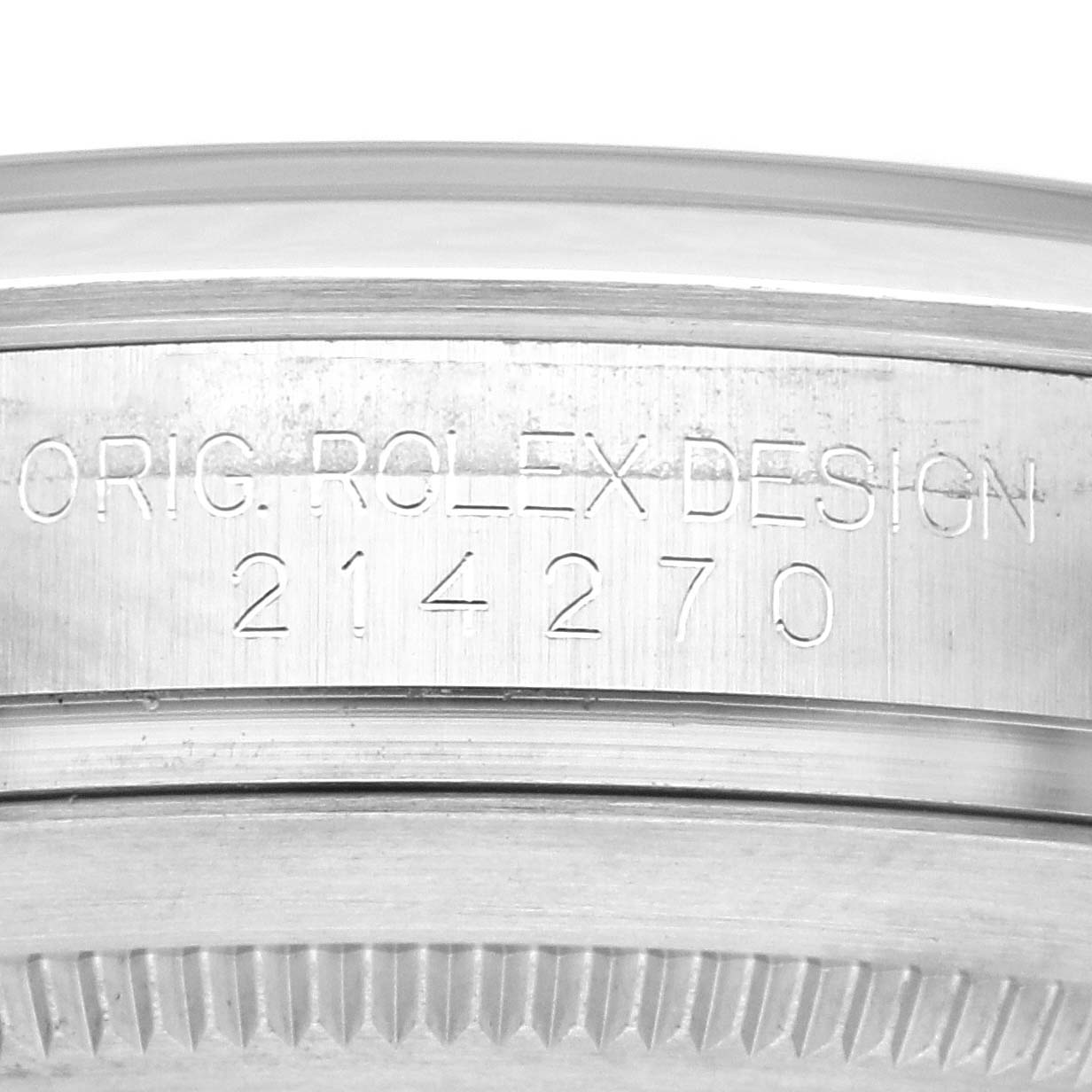 The image shows the side engraving on the case of a Rolex Explorer 214270 Men
s Stainless Steel Black Dial 214270 Men
s Stainless Steel Black Dial, featuring the model number.