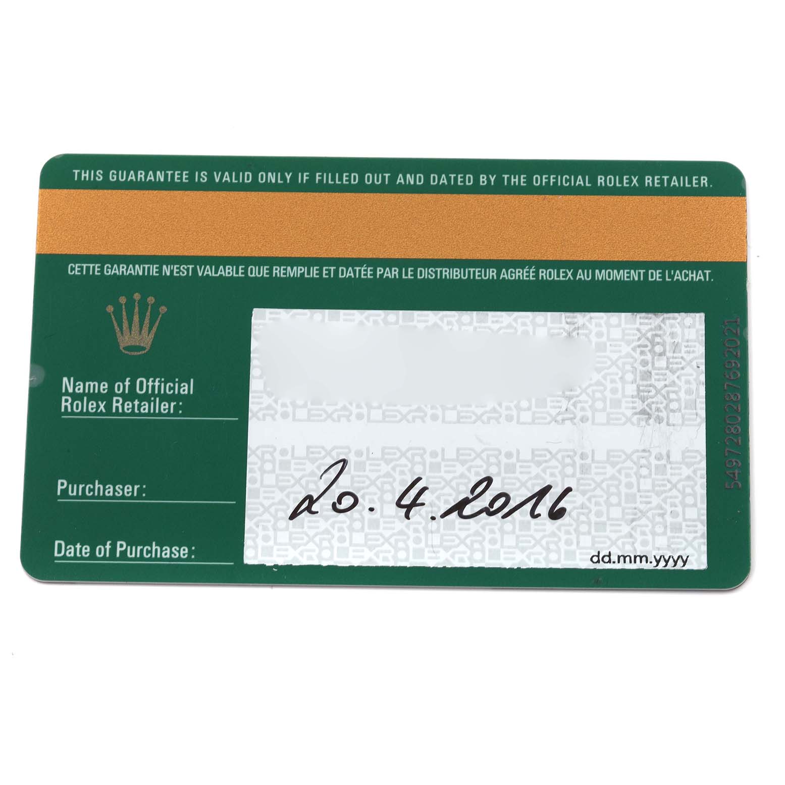 The image shows a warranty card for a Rolex Explorer 214270 Men
s Stainless Steel Black Dial 214270 Men
s Stainless Steel Black Dial watch, featuring branding and purchase details.