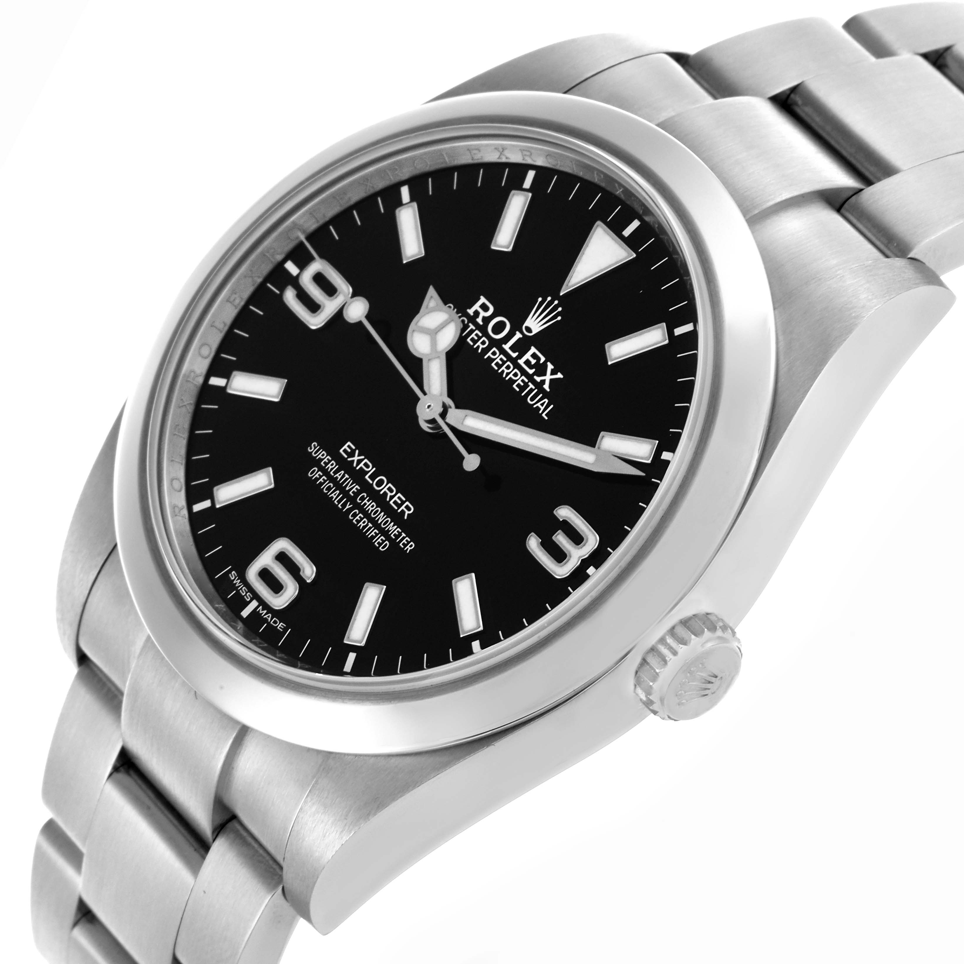The Rolex Explorer 214270 Men
s Stainless Steel Black Dial 214270 Men
s Stainless Steel Black Dial watch is shown from a side angle, highlighting the dial, bezel, and part of the stainless steel bracelet.