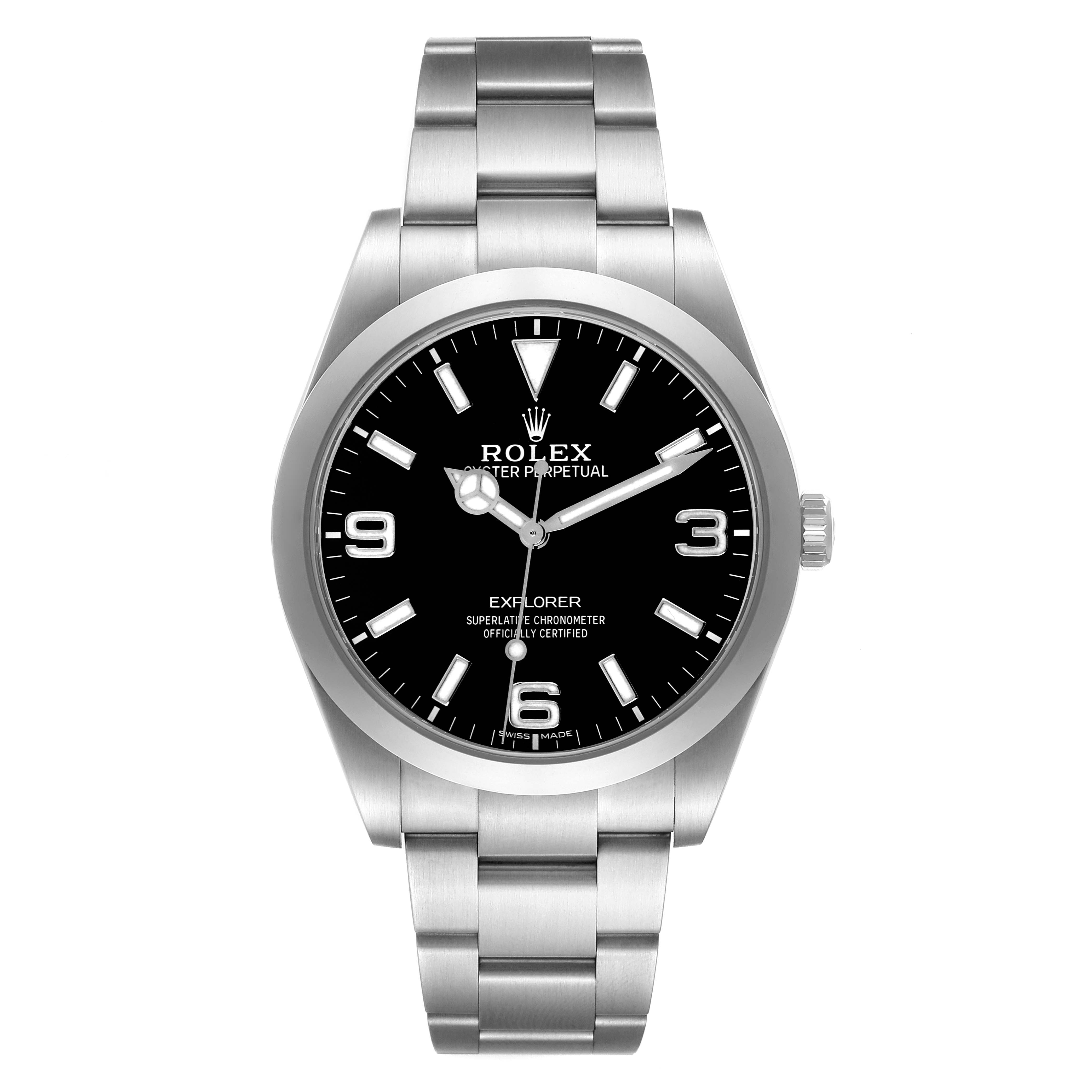 The Rolex Explorer 214270 Men
s Stainless Steel Black Dial 214270 Men
s Stainless Steel Black Dial watch is shown from the front, highlighting the dial, hour markers, hands, bezel, and bracelet.