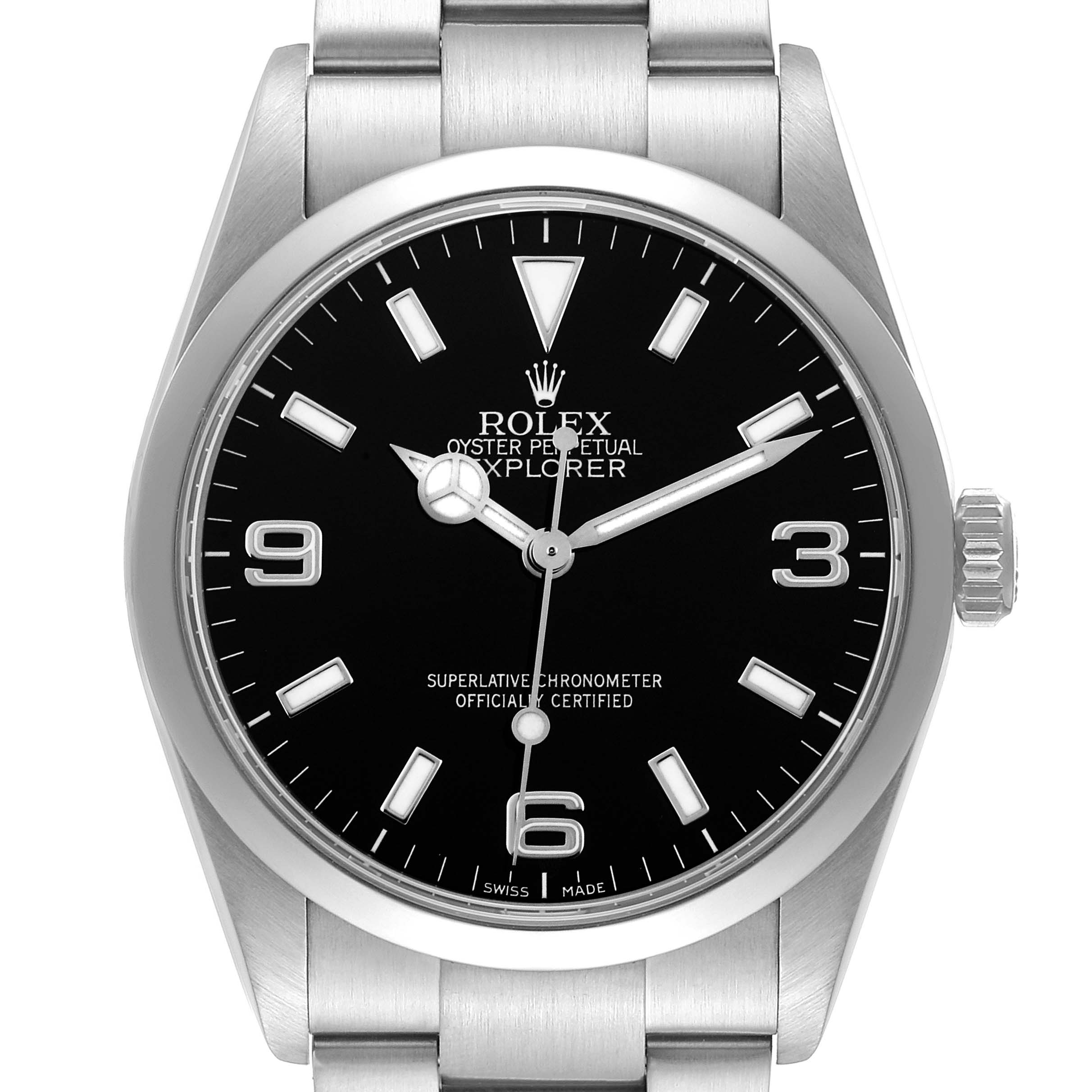 The image shows a front view of the Rolex Explorer 114270 Men
s Stainless Steel Black Dial 114270 Men
s Stainless Steel Black Dial watch, highlighting its face, crown, and part of the bracelet.