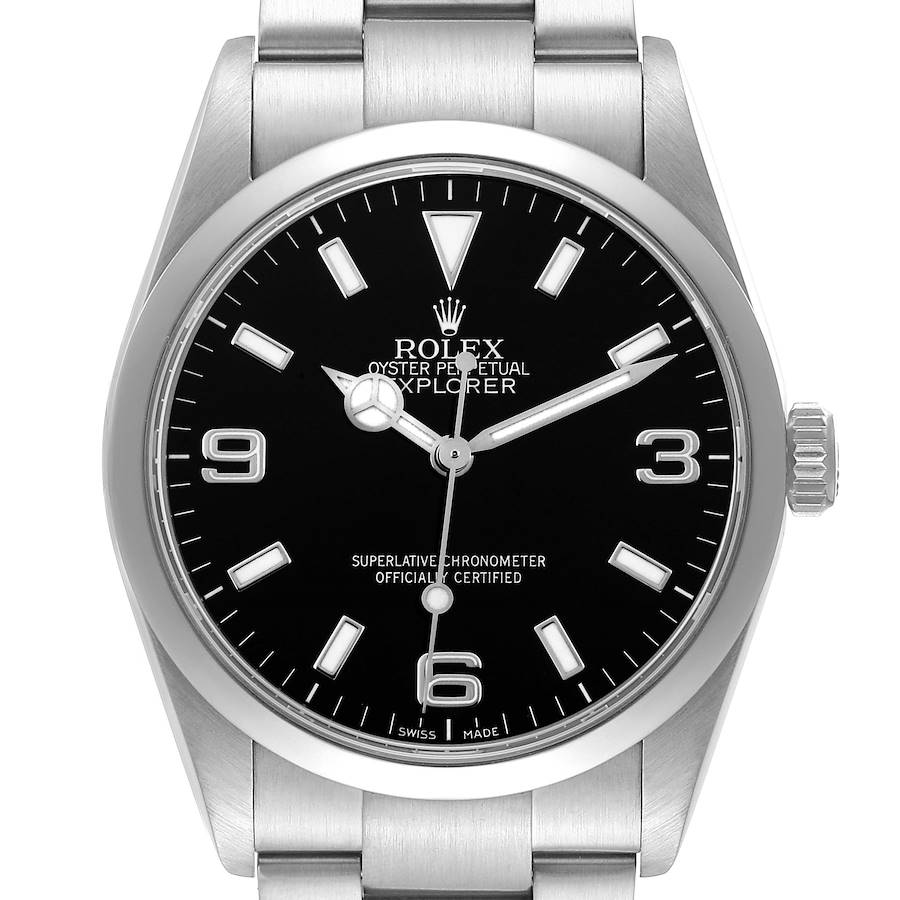 The image shows a front view of the Rolex Explorer watch, highlighting its face, crown, and part of the bracelet.