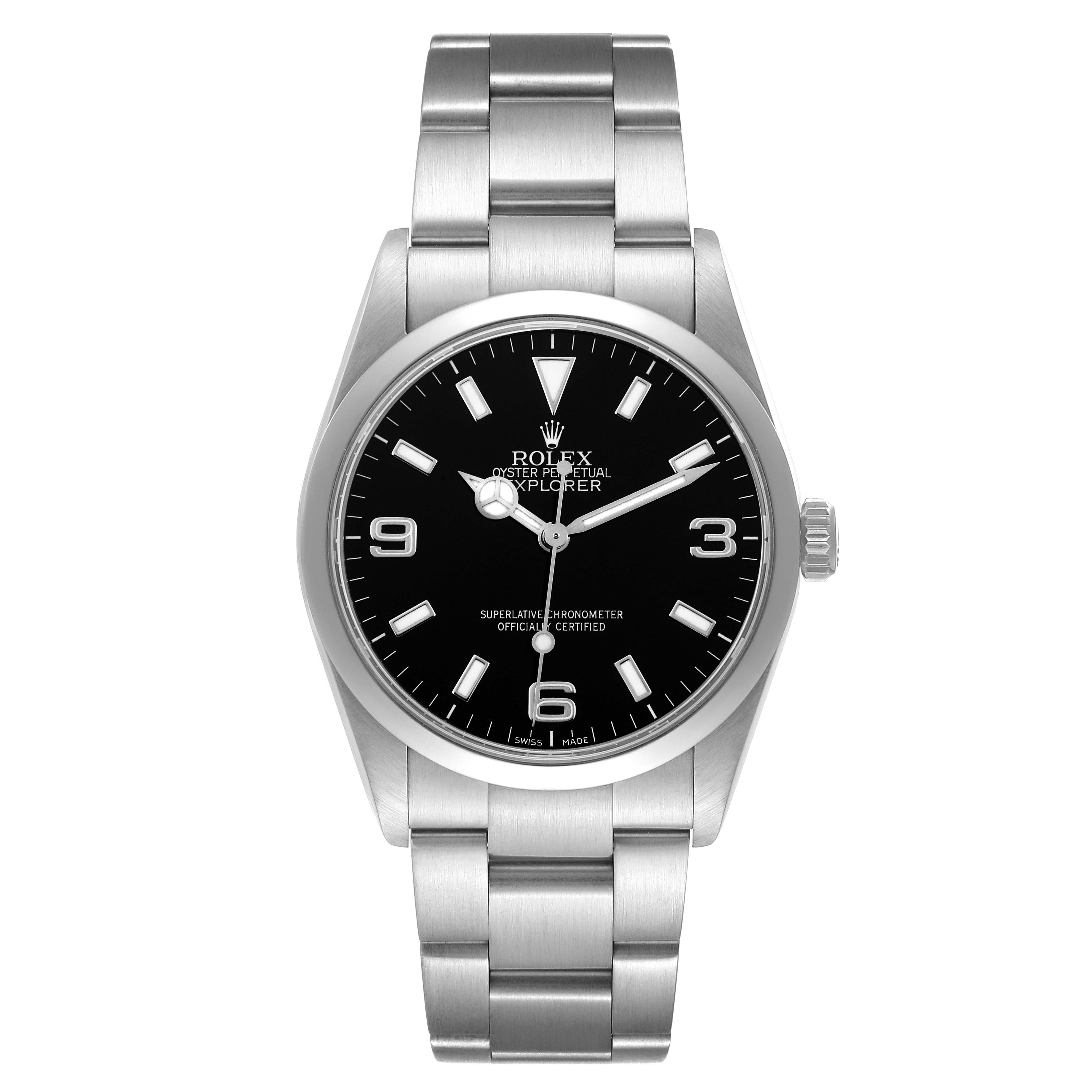 The Rolex Explorer 114270 Men
s Stainless Steel Black Dial 114270 Men
s Stainless Steel Black Dial watch is shown from a front angle, displaying the dial, bracelet, and crown.