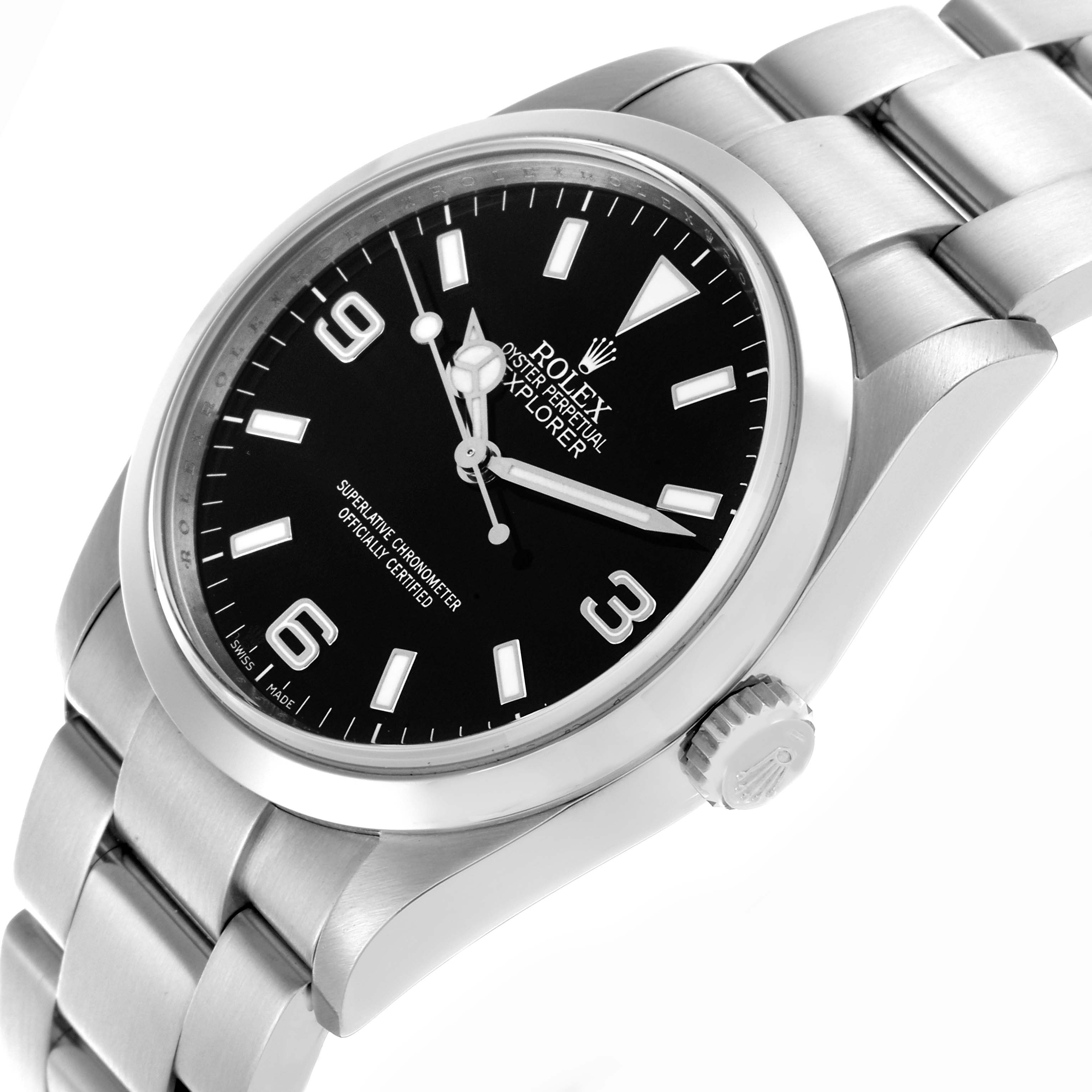 The Rolex Explorer 114270 Men
s Stainless Steel Black Dial 114270 Men
s Stainless Steel Black Dial watch is shown at an angled view, displaying the face, bezel, crown, and part of the bracelet.