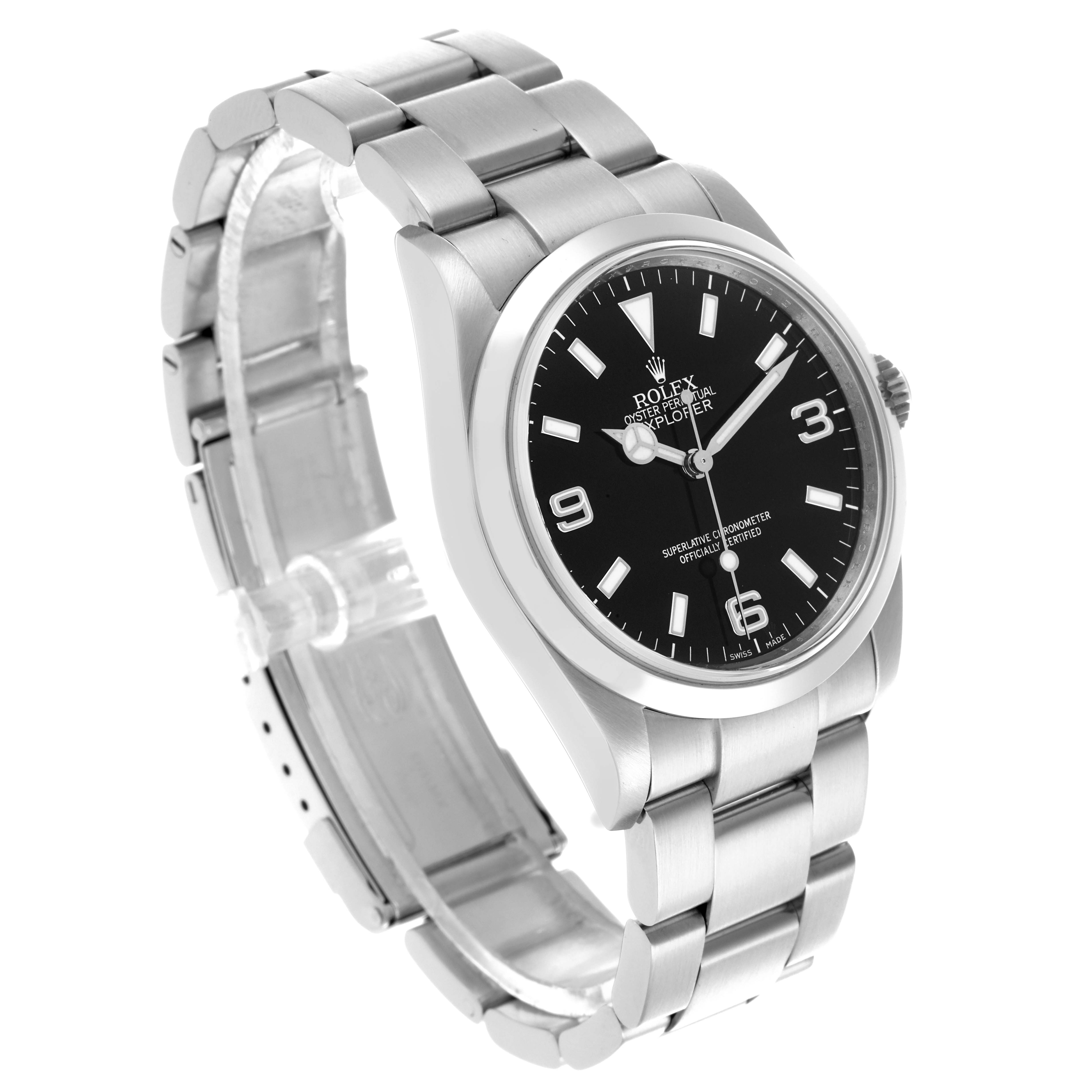 The Rolex Explorer 114270 Men
s Stainless Steel Black Dial 114270 Men
s Stainless Steel Black Dial watch is shown at an angle, highlighting the face, bezel, crown, and bracelet.