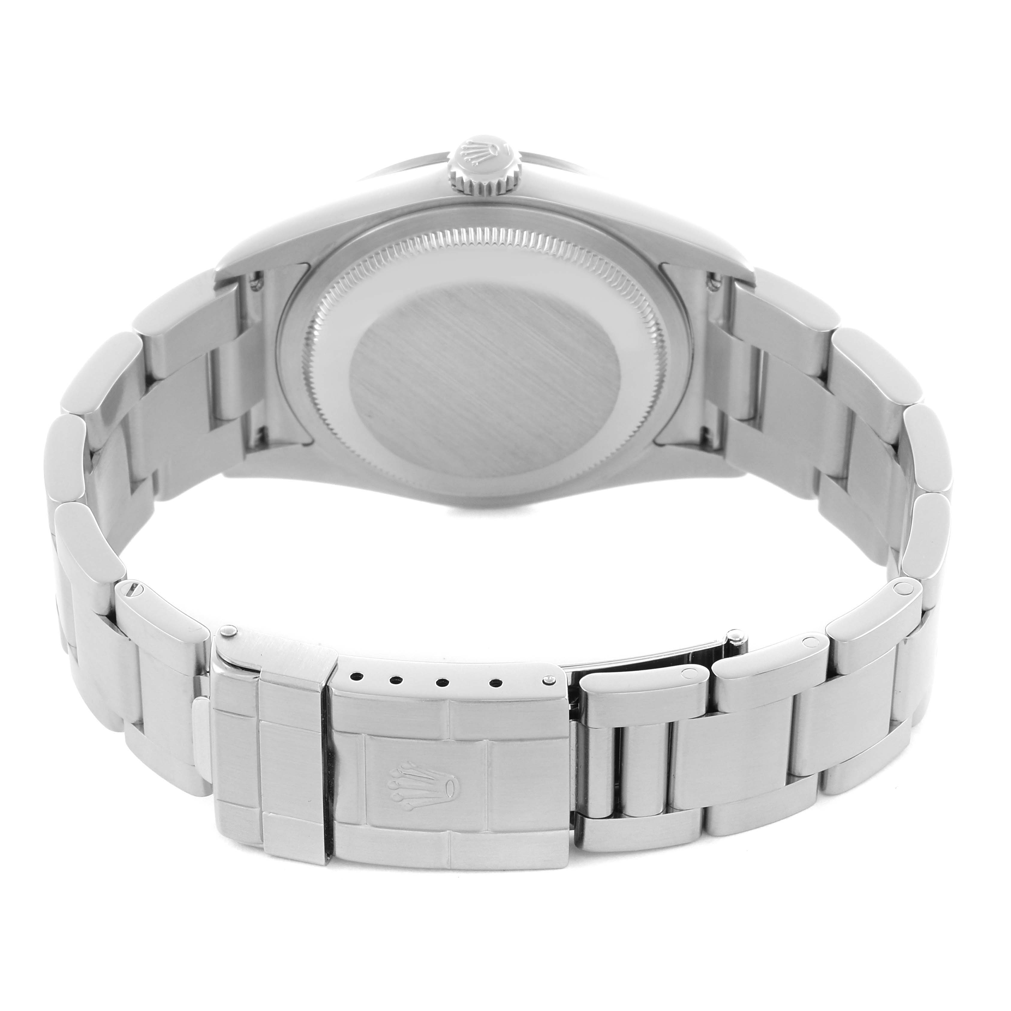 The image shows the back view of the Rolex Explorer 114270 Men
s Stainless Steel Black Dial 114270 Men
s Stainless Steel Black Dial, highlighting the case back and bracelet clasp.