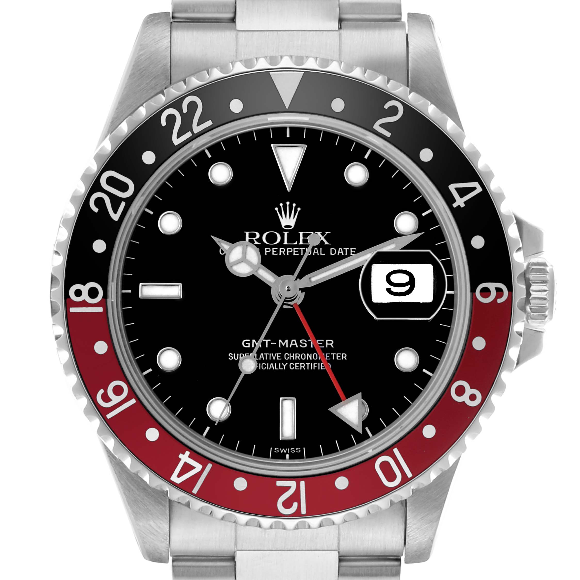 The Rolex GMT-Master 16700 Men's Stainless Steel Black Dial watch is shown from a front angle, highlighting the dial, hands, bezel, and crown.