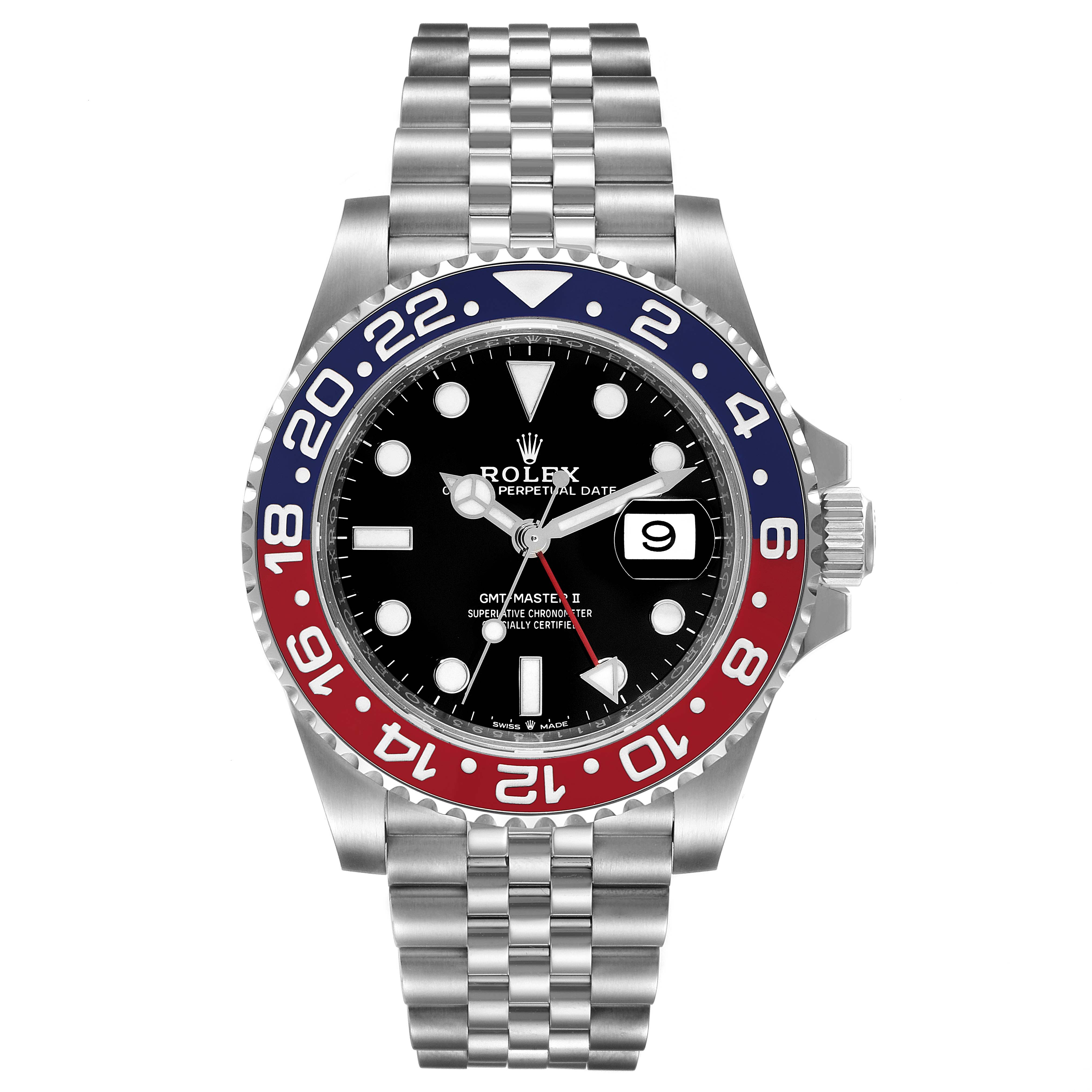 The image shows a front view of a Rolex GMT-Master 126710 Men
s Stainless Steel Black Dial 126710 Men
s Stainless Steel Black Dial watch, displaying the dial, bezel, and bracelet.