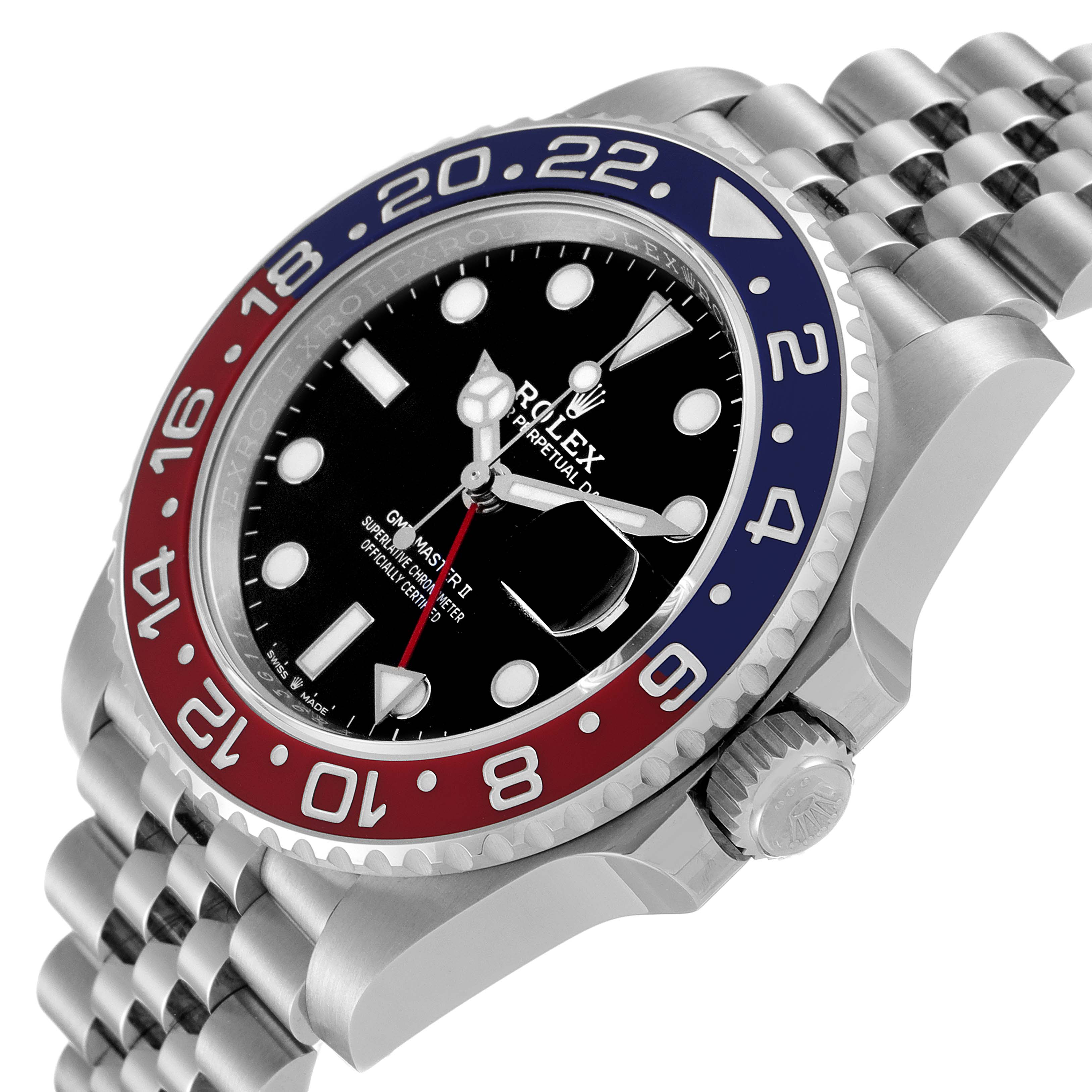 The image shows a Rolex GMT-Master 126710 Men
s Stainless Steel Black Dial 126710 Men
s Stainless Steel Black Dial II watch from an angled perspective, highlighting the dial, bezel, crown, and part of the bracelet.