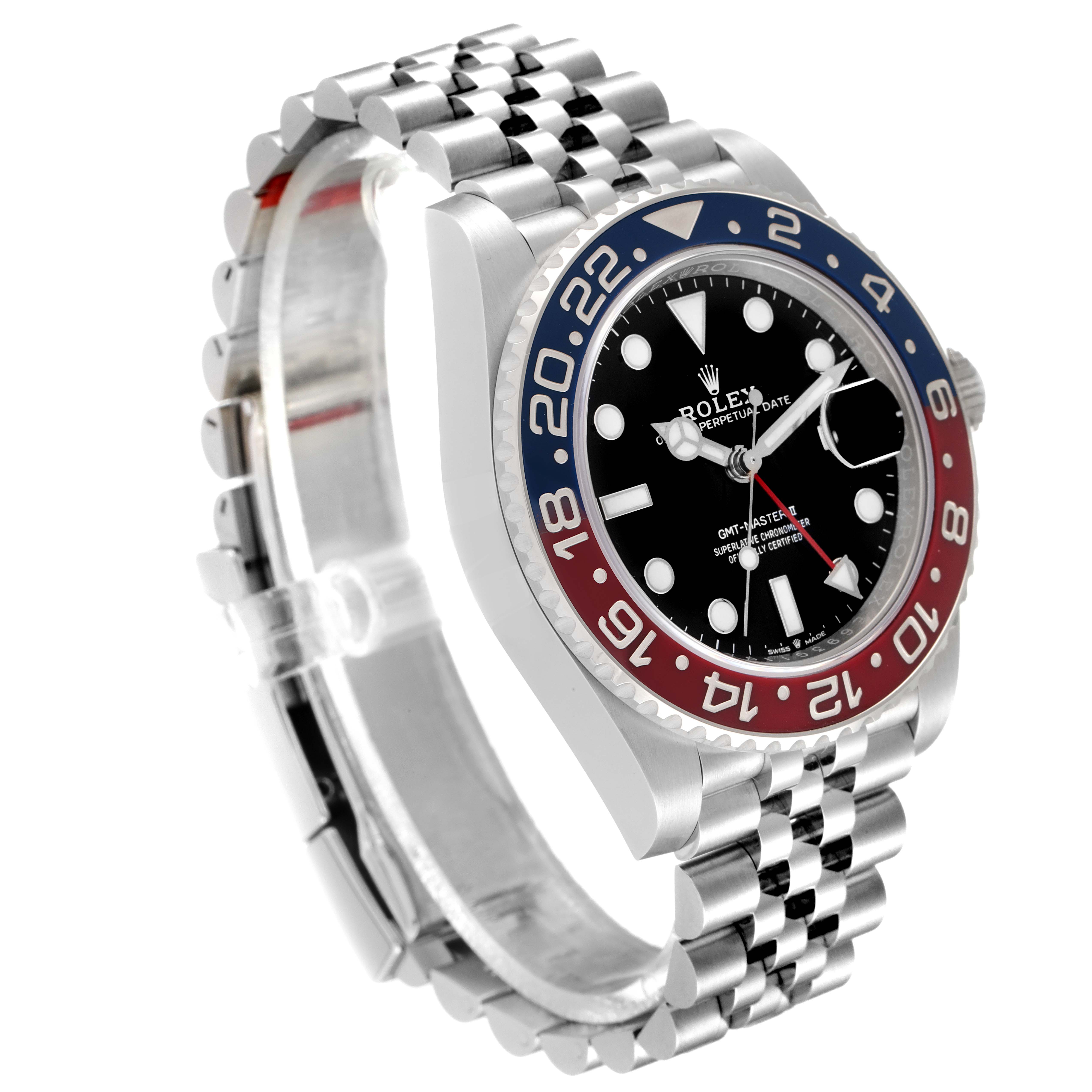 The image shows a Rolex GMT-Master 126710 Men
s Stainless Steel Black Dial 126710 Men
s Stainless Steel Black Dial II watch at a three-quarter angle, featuring its distinctive red and blue bezel, black dial, and jubilee bracelet.