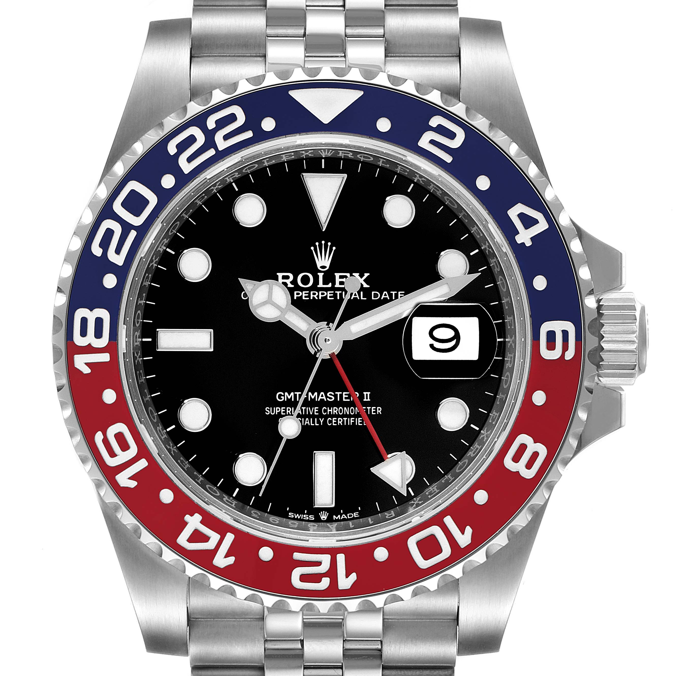 The image shows a front view of a Rolex GMT-Master 126710 Men
s Stainless Steel Black Dial 126710 Men
s Stainless Steel Black Dial II watch, featuring a black dial, pepsi bezel, and Jubilee bracelet.