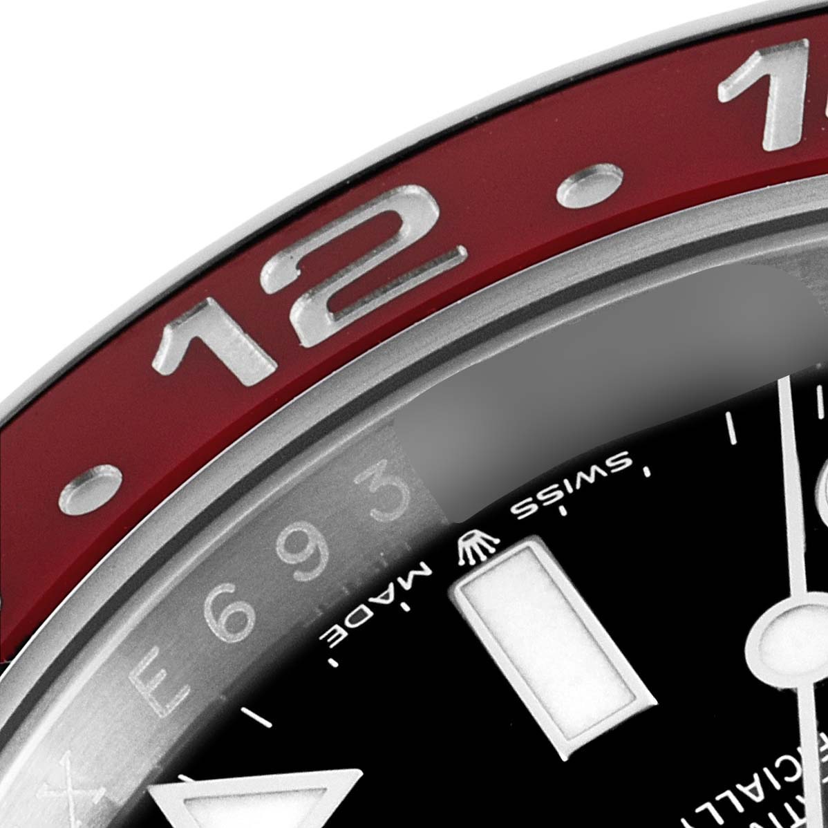 Close-up angle showing the bezel, dial, and part of the "12" hour marker of the Rolex GMT-Master 126710 Men
s Stainless Steel Black Dial 126710 Men
s Stainless Steel Black Dial watch.