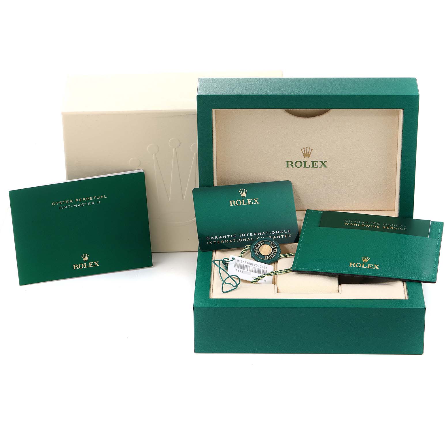 The image shows the Rolex GMT-Master 126710 Men
s Stainless Steel Black Dial 126710 Men
s Stainless Steel Black Dial watch box set, including a box, manuals, warranty card, and tag, taken from a front angle.