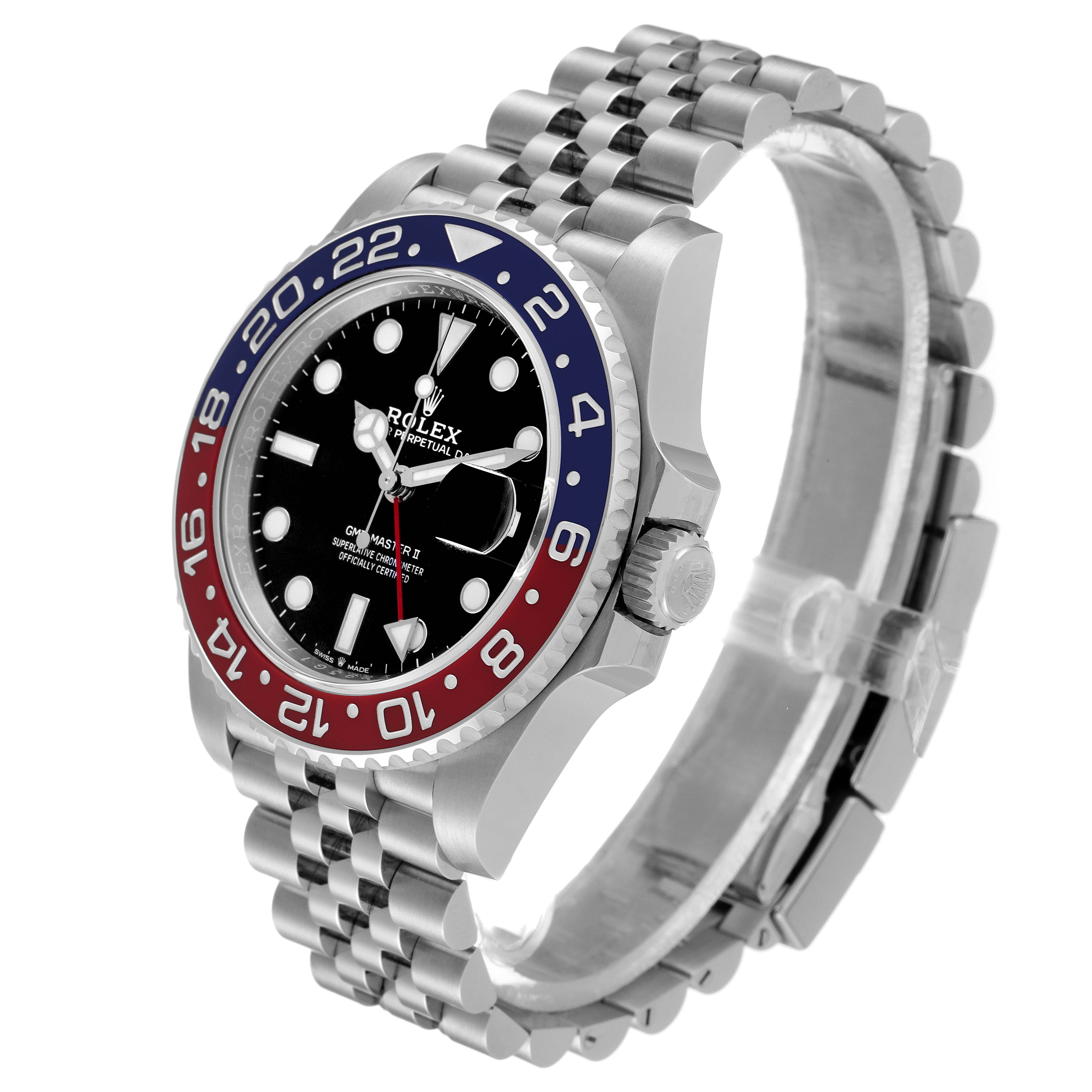 The image shows a side view of the Rolex GMT-Master 126710 Men
s Stainless Steel Black Dial 126710 Men
s Stainless Steel Black Dial II, highlighting the bezel, dial, crown, and bracelet.