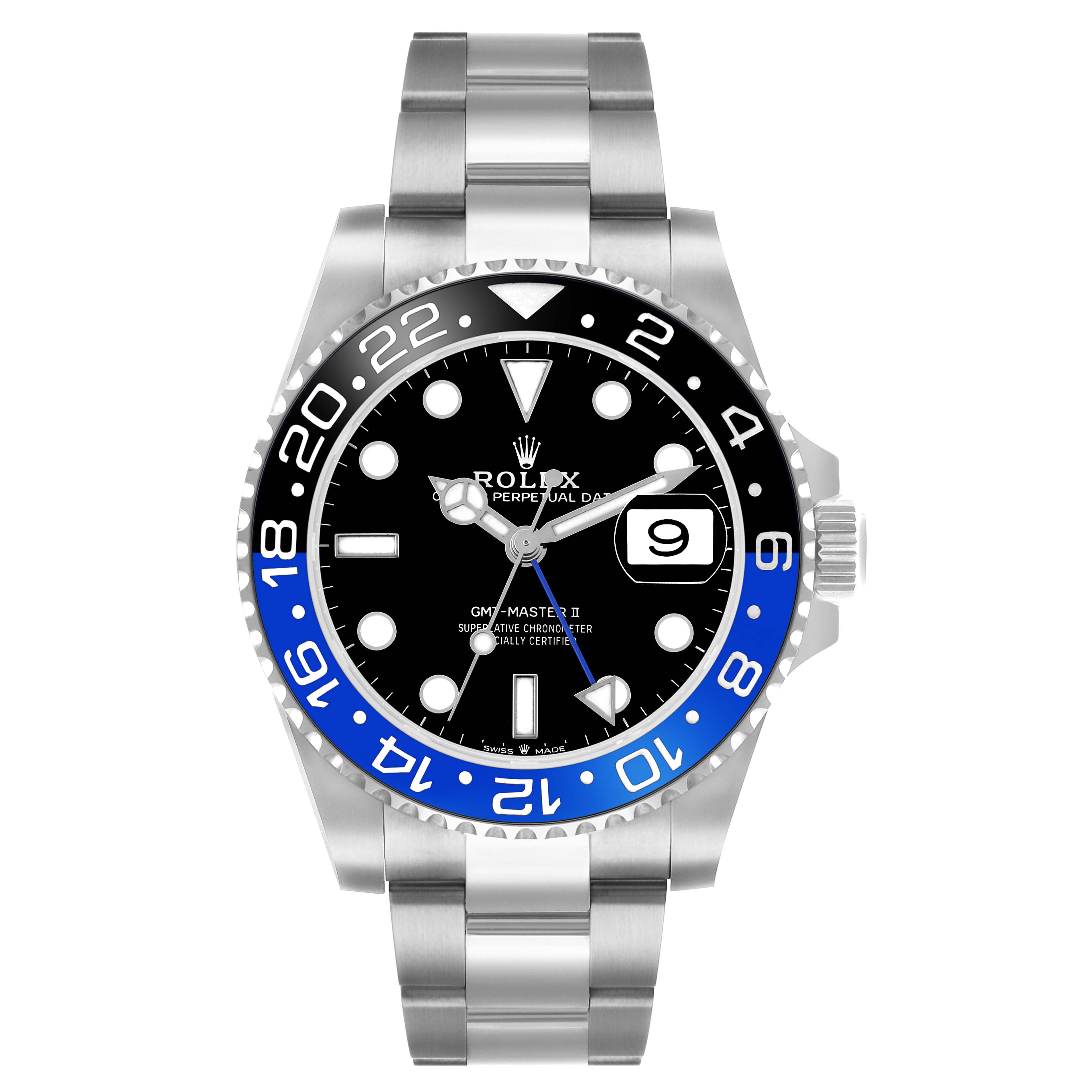 The Rolex GMT-Master 126710 Men's Stainless Steel Black Dial watch is shown from a front angle, featuring its bezel, dial, bracelet, and date window.