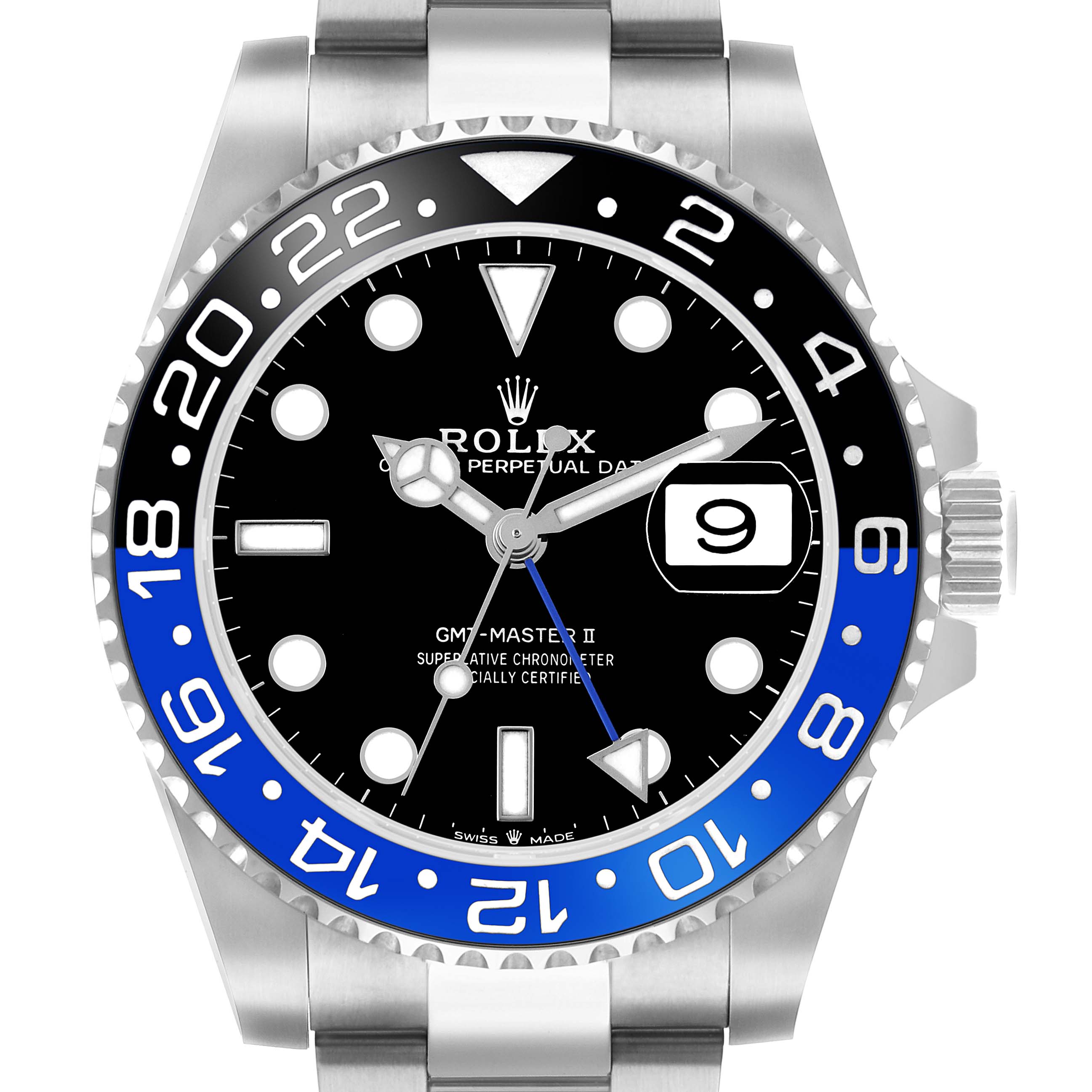 The Rolex GMT-Master 126710 Men's Stainless Steel Black Dial II watch is shown from the front, displaying its black dial, date window, and blue-black bezel.