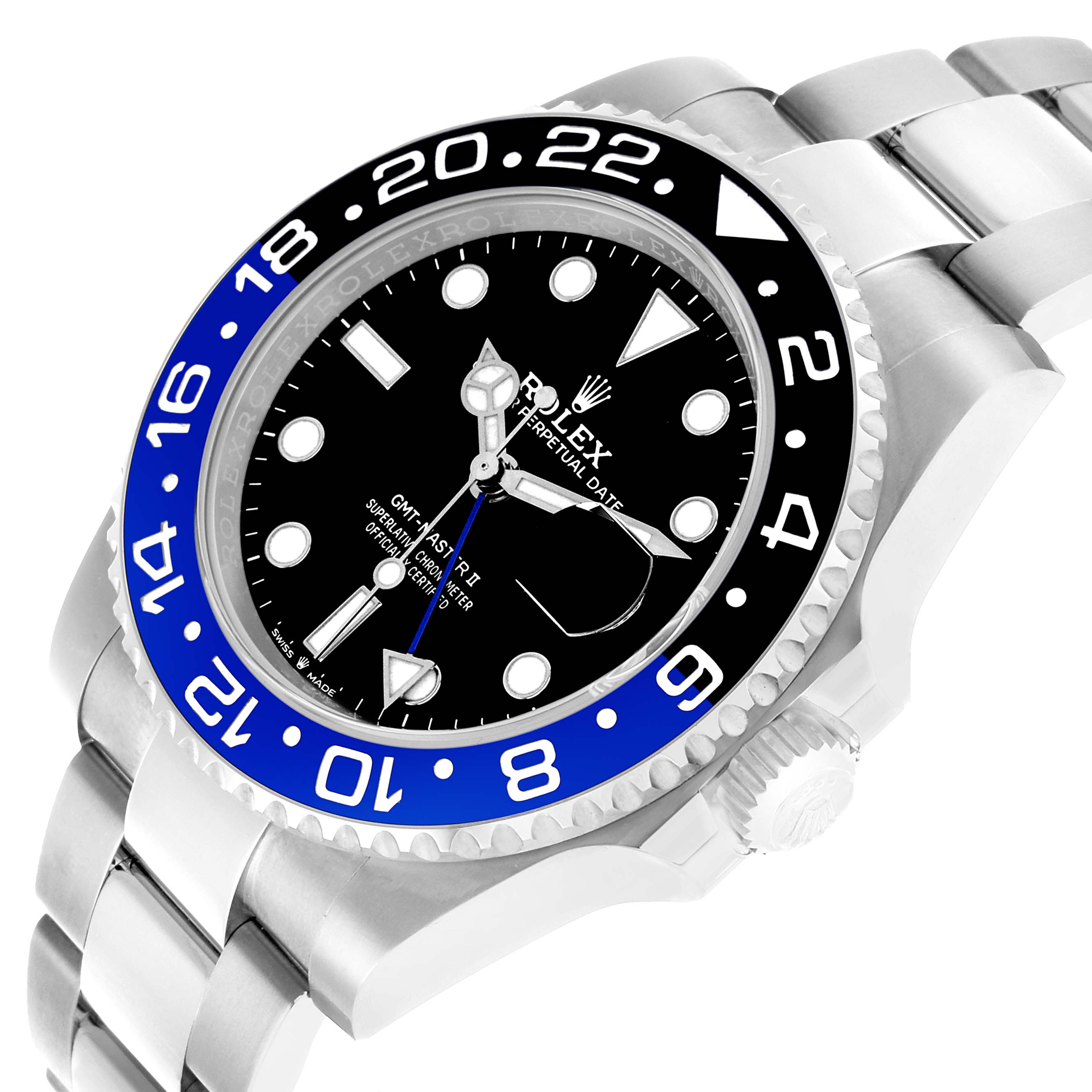 The Rolex GMT-Master 126710 Men's Stainless Steel Black Dial watch is shown at an angle highlighting its black and blue bezel, dial, crown, and stainless steel bracelet.