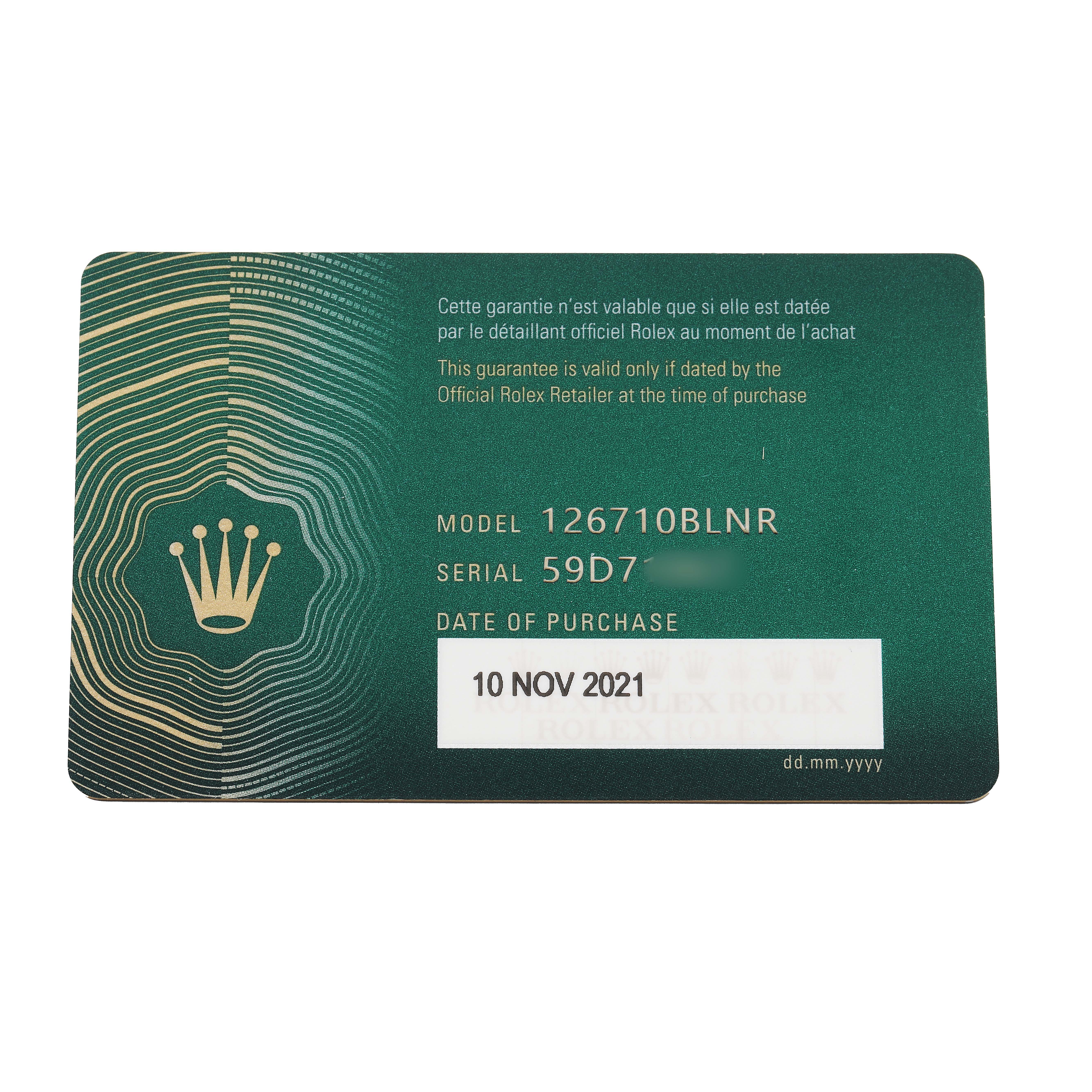 The image shows a warranty card for the Rolex GMT-Master 126710 Men's Stainless Steel Black Dial model 126710BLNR, displaying model and serial information.