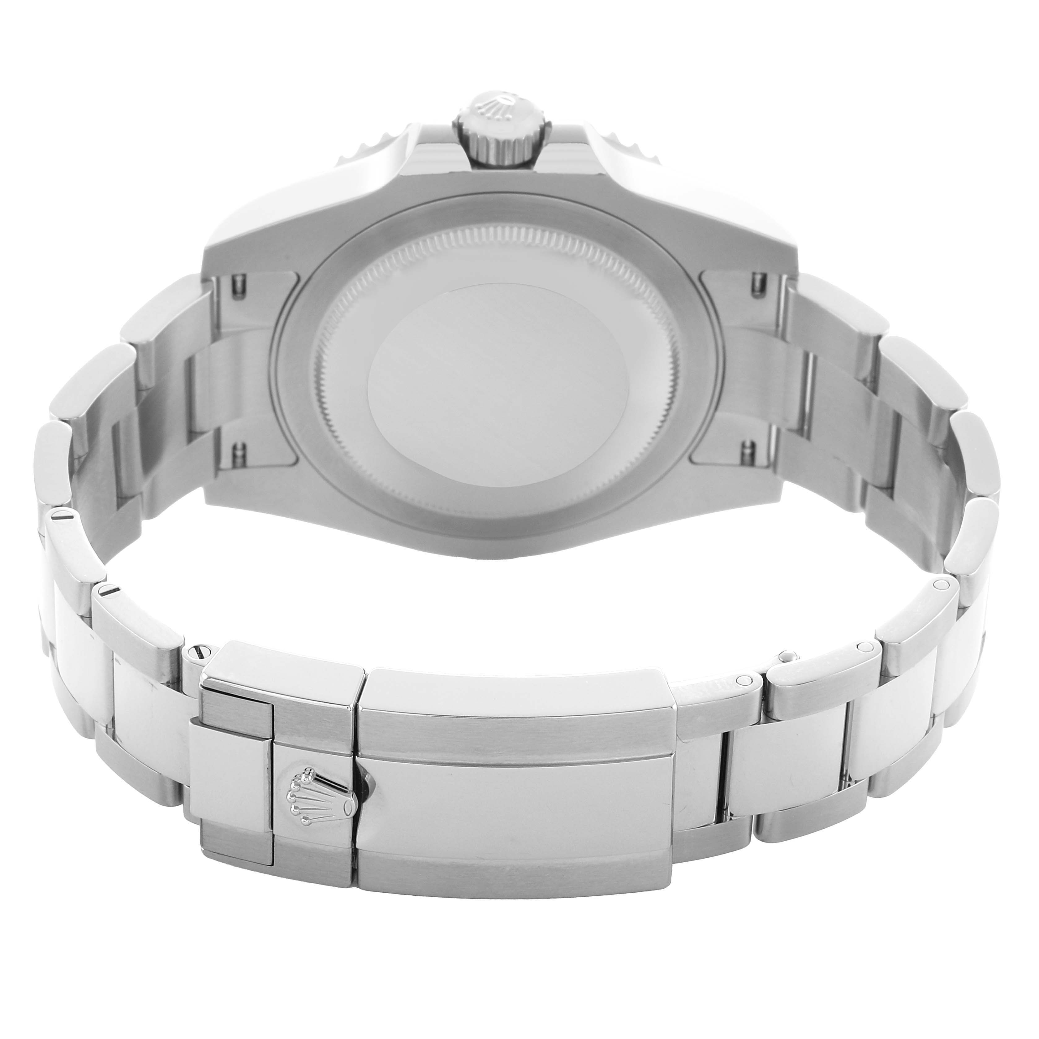 The image shows the back view of a Rolex GMT-Master 126710 Men's Stainless Steel Black Dial watch, featuring the case back, crown, and bracelet clasp.