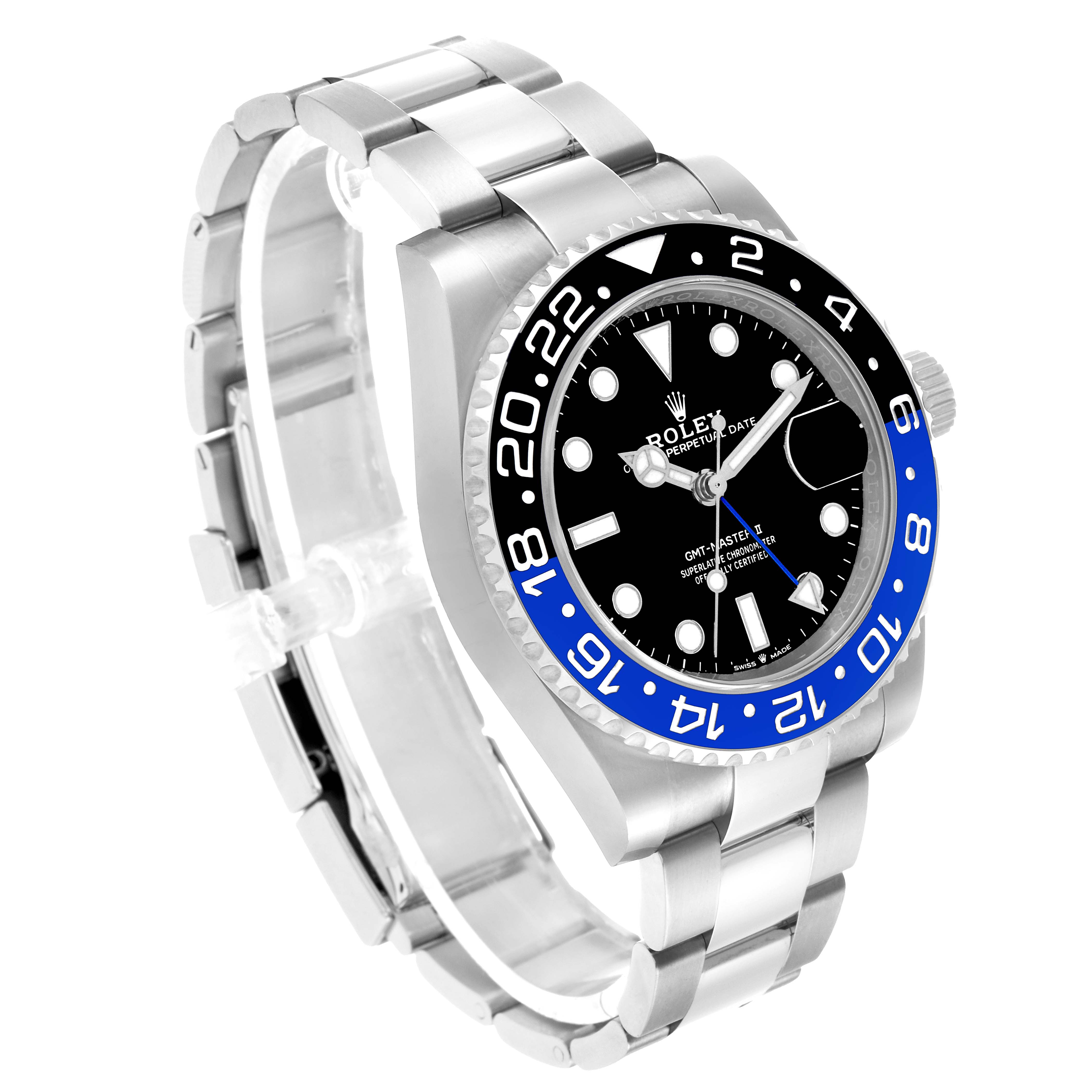 The Rolex GMT-Master 126710 Men's Stainless Steel Black Dial watch is shown at a three-quarter angle, highlighting the bezel, face, crown, and bracelet.